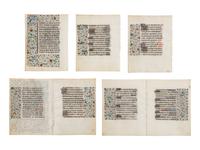 FOLLOWER OF THE MASTER OF JEAN ROLIN II (active Paris, c. 1445–1465) Two bifolios and three leaves from a Book of Hours, with miniatures of Saint Mark and the Virgin and Christ Child Enthroned, in Latin and French, illuminated manuscript on parchment [France, Paris, c. 1450–1470]