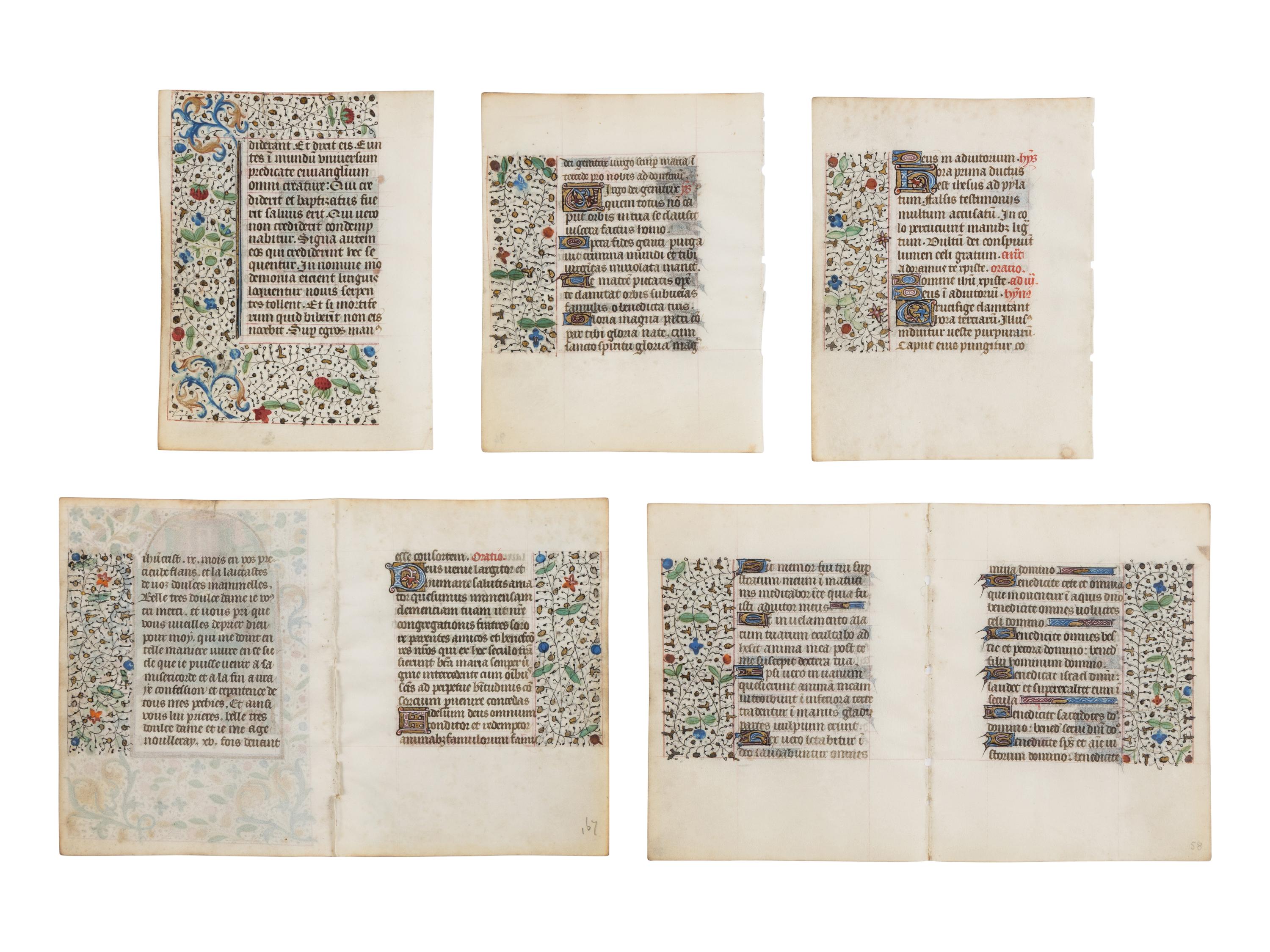 FOLLOWER OF THE MASTER OF JEAN ROLIN II (active Paris, c. 1445–1465) Two bifolios and three leaves from a Book of Hours, with miniatures of Saint Mark and the Virgin and Christ Child Enthroned, in Latin and French, illuminated manuscript on parchment [France, Paris, c. 1450–1470]