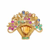YELLOW GOLD AND MULTIGEM FLOWER BASKET PENDANT BROOCH