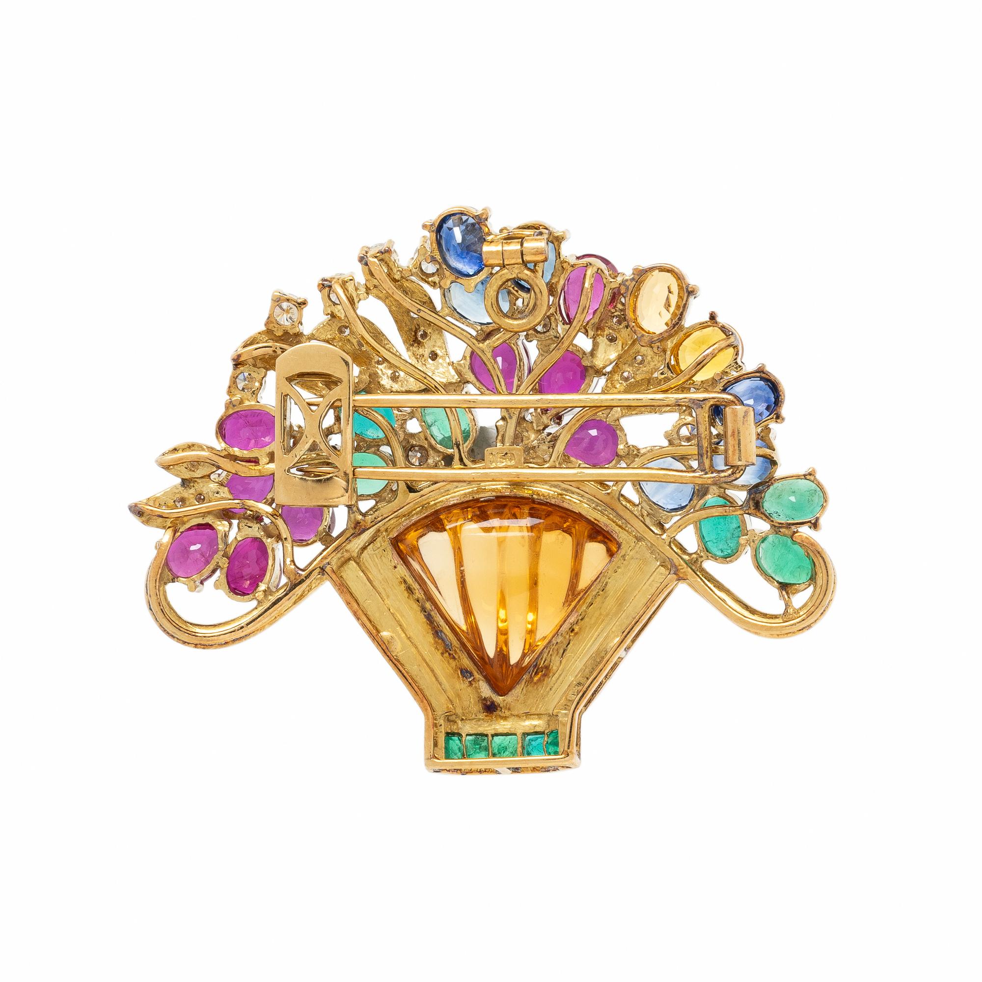 YELLOW GOLD AND MULTIGEM FLOWER BASKET PENDANT BROOCH