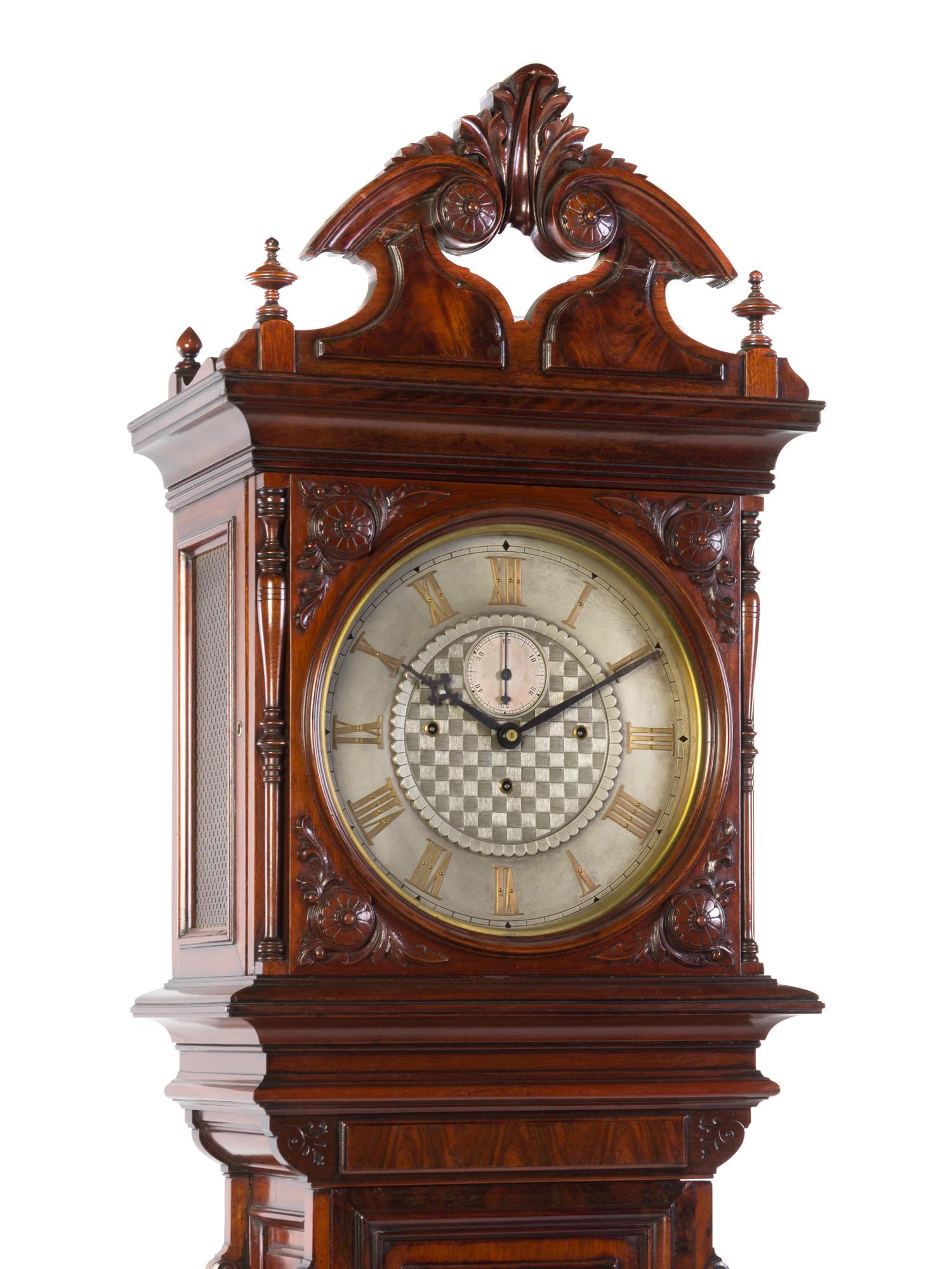 An American Mahogany No. 21 Regulator Tall Case Clock, Seth Thomas, Height overall 93 1/2 inches.