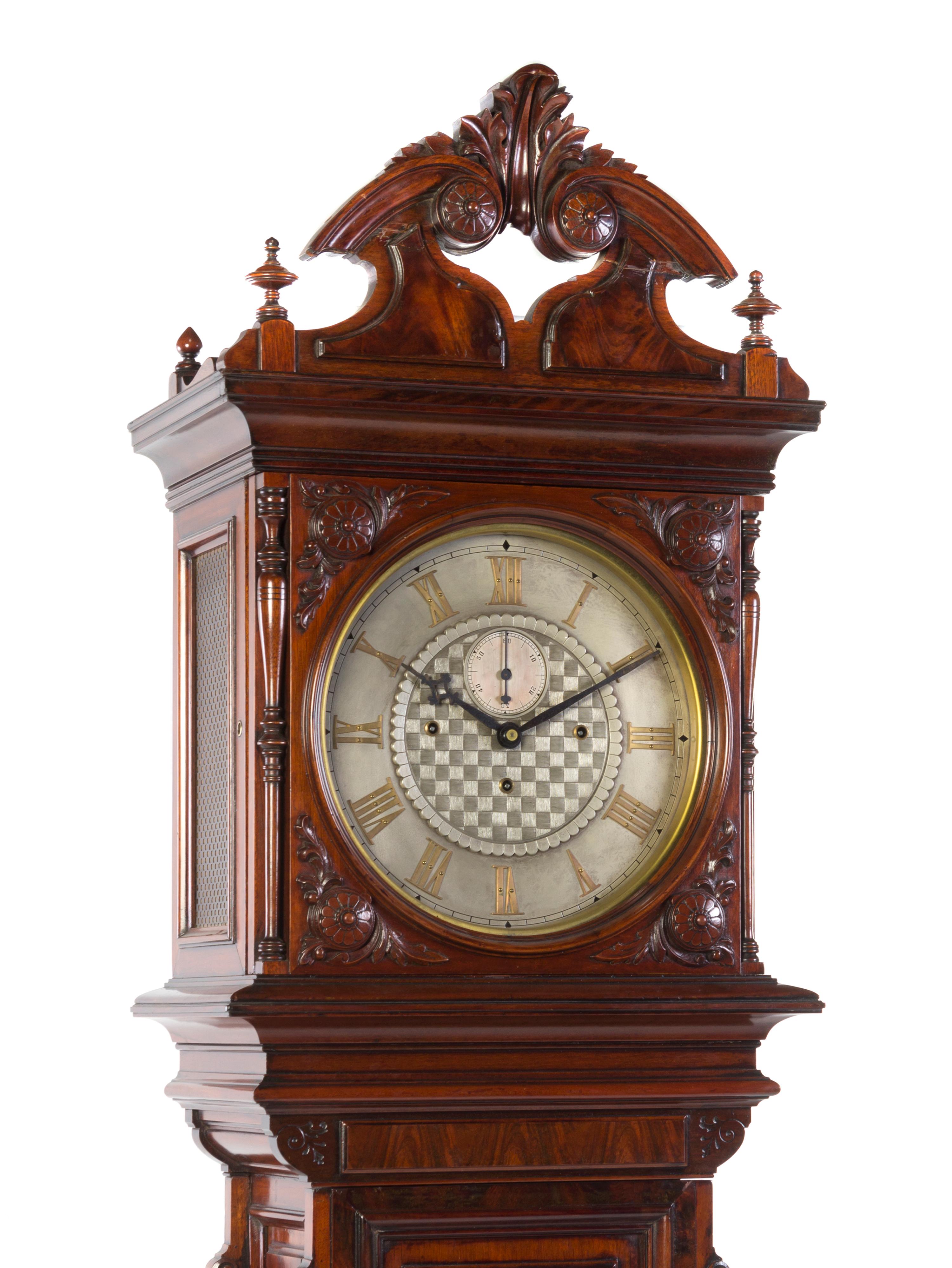 An American Mahogany No. 21 Regulator Tall Case Clock, Seth Thomas, Height overall 93 1/2 inches.