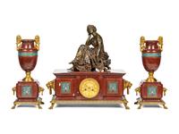 A French Bronze, Marble and Champlevé Clock Garniture