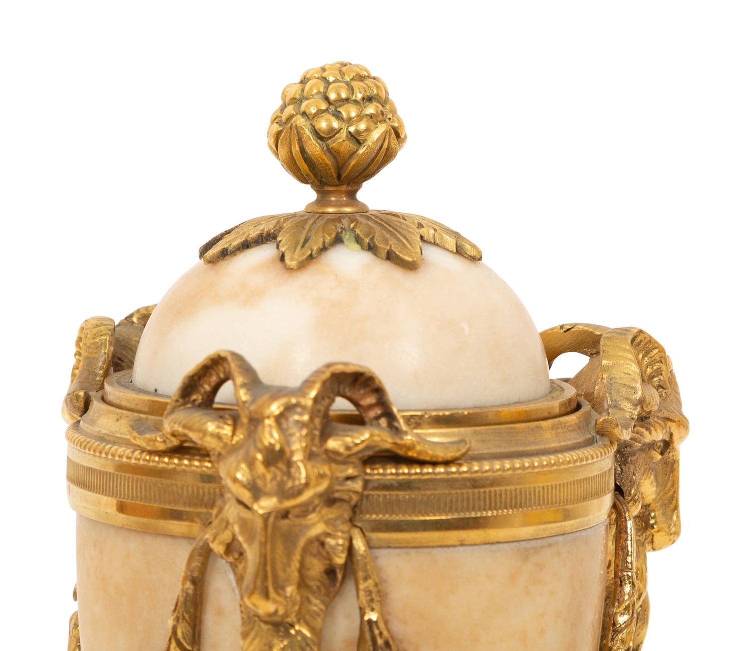 A Pair of Continental Gilt Bronze Mounted Marble Cassolettes