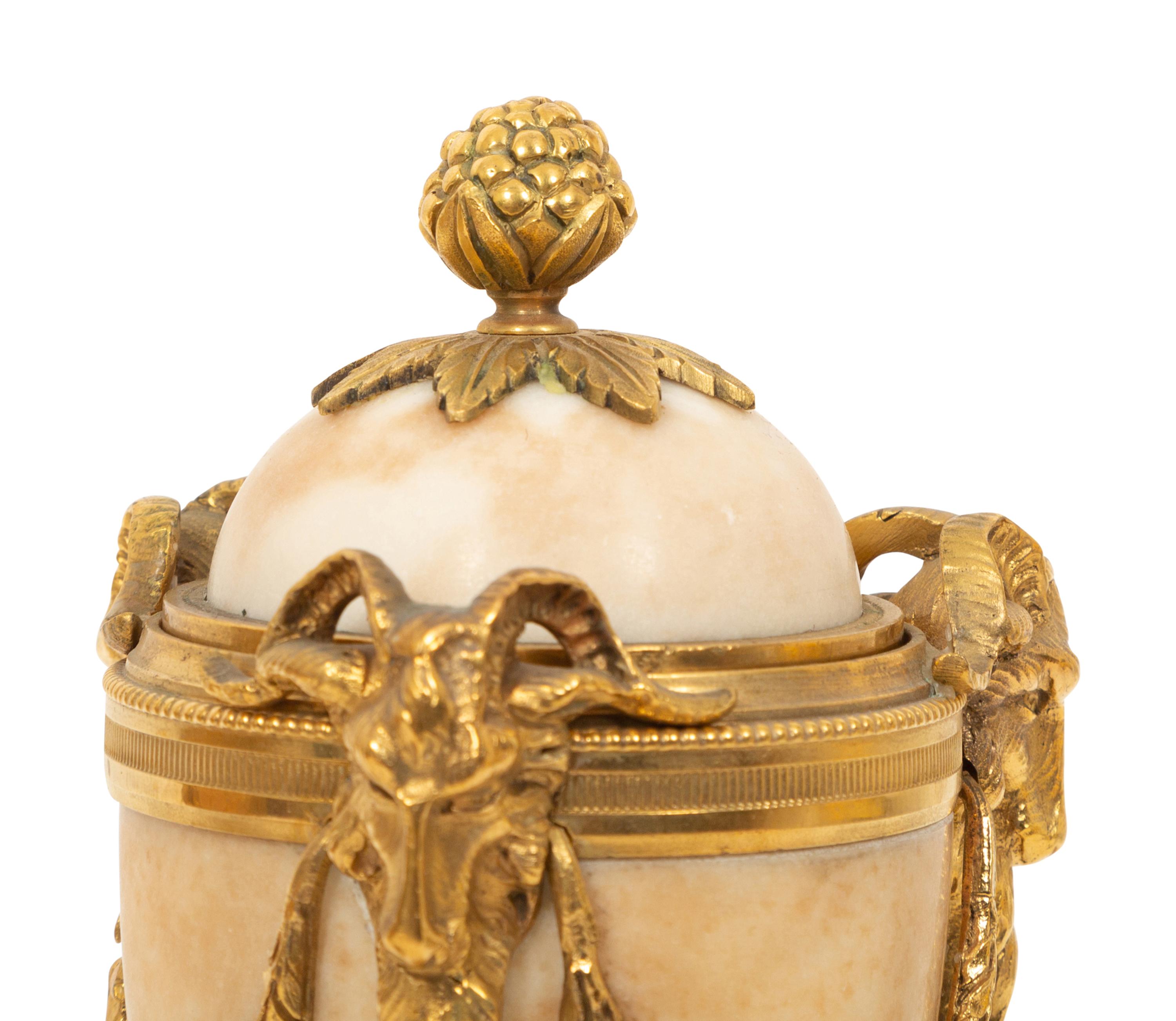 A Pair of Continental Gilt Bronze Mounted Marble Cassolettes