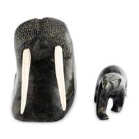Inuit Carved Soapstone Walrus Head and Polar Bear