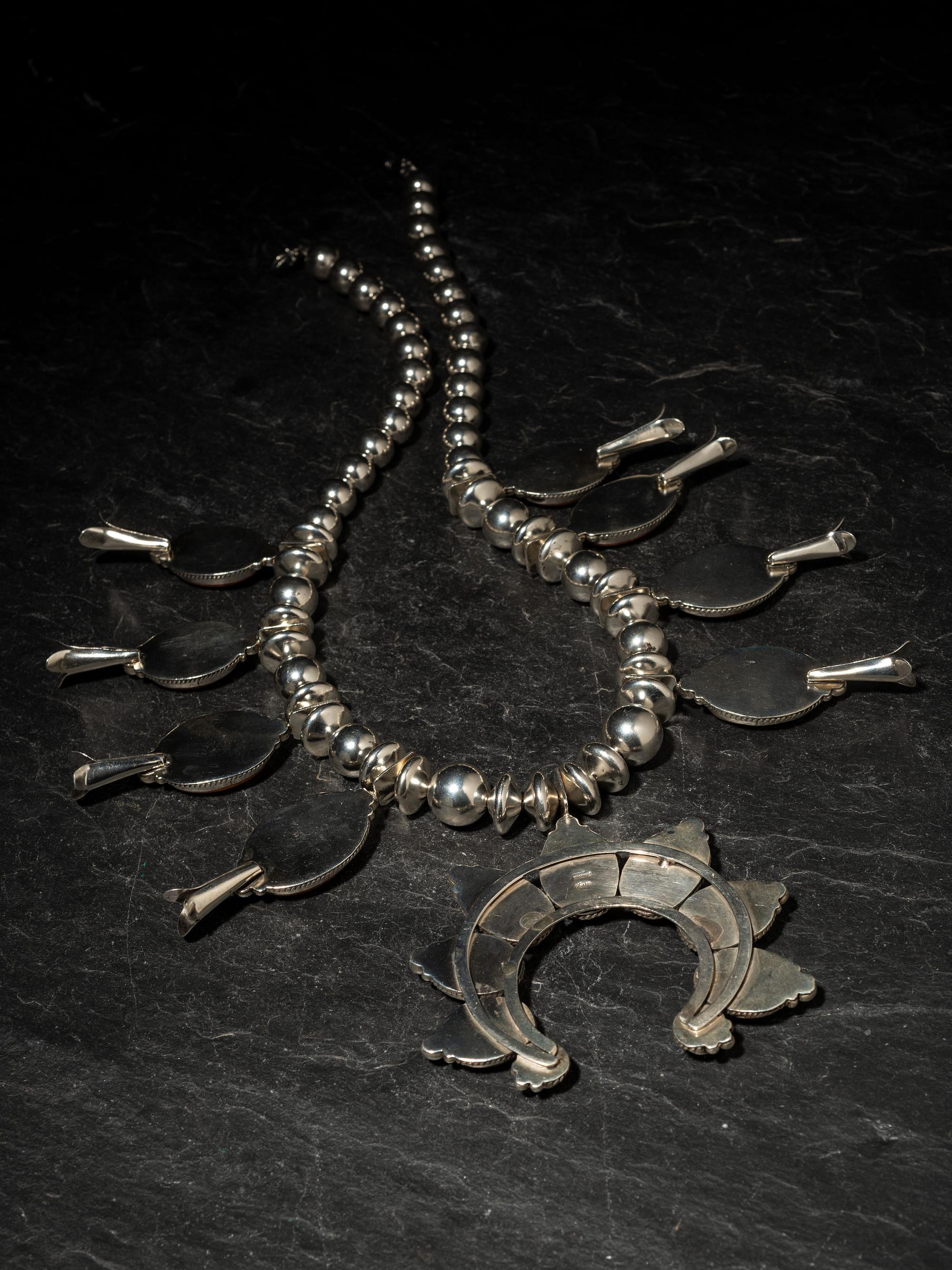 Navajo Sterling Silver and Spiny Oyster Squash Blossom Necklace