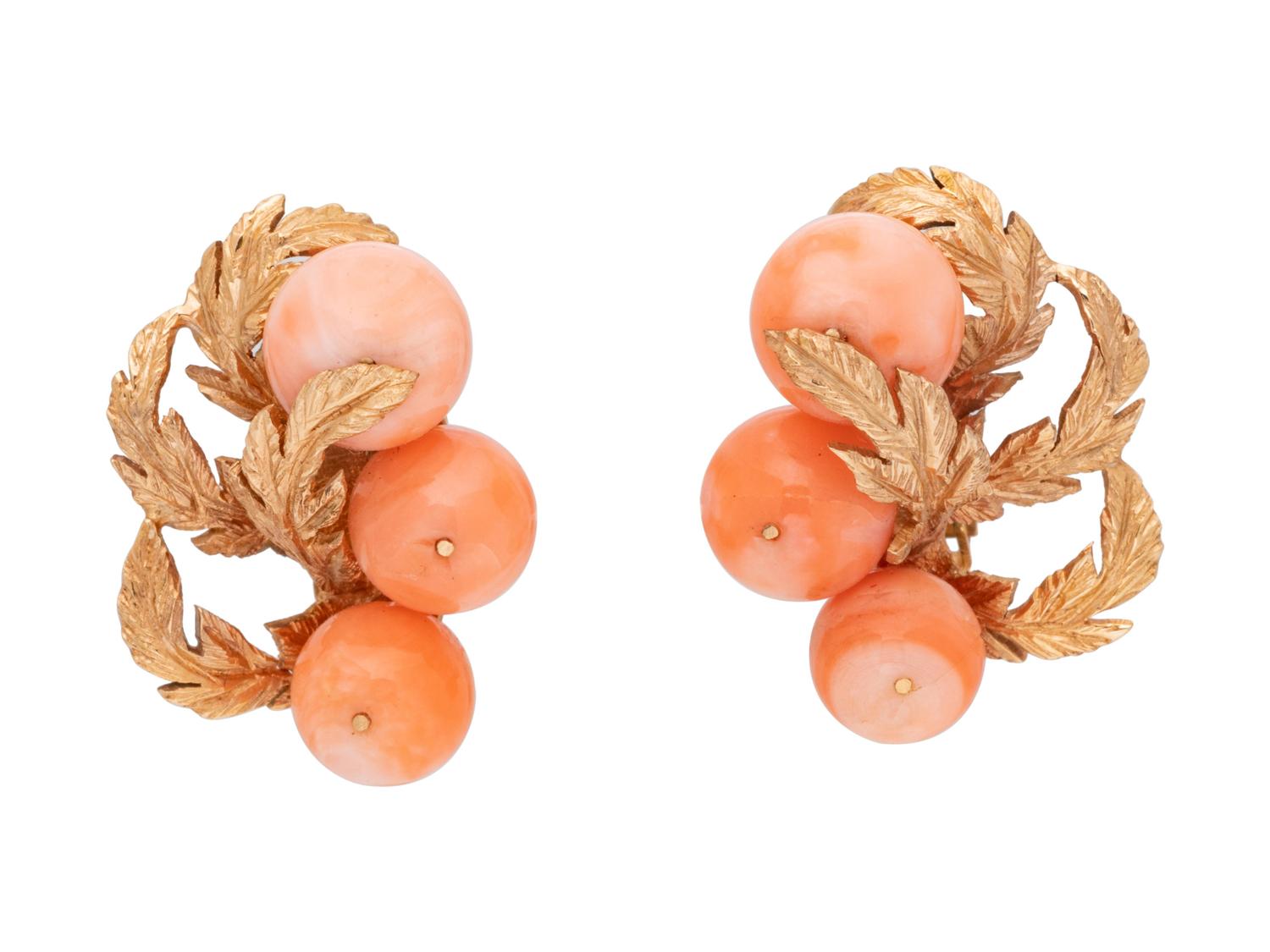 A Pair of 14 Karat Yellow Gold and Coral Leaf Earclips,