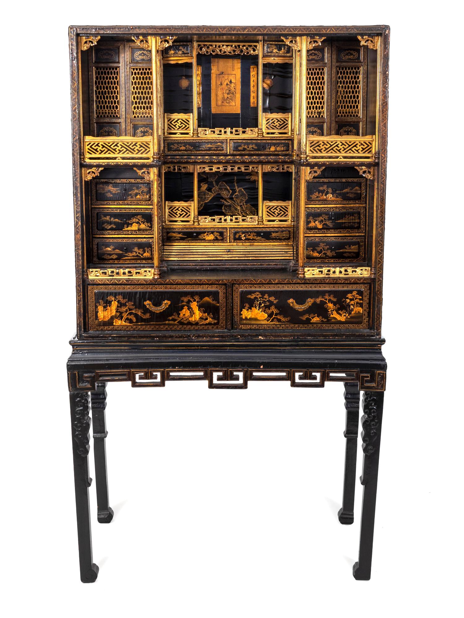 A Chinese Export Gilt Decorated Black Lacquered Cabinet-on-Stand — LATE 19TH/EARLY 20TH CENTURY