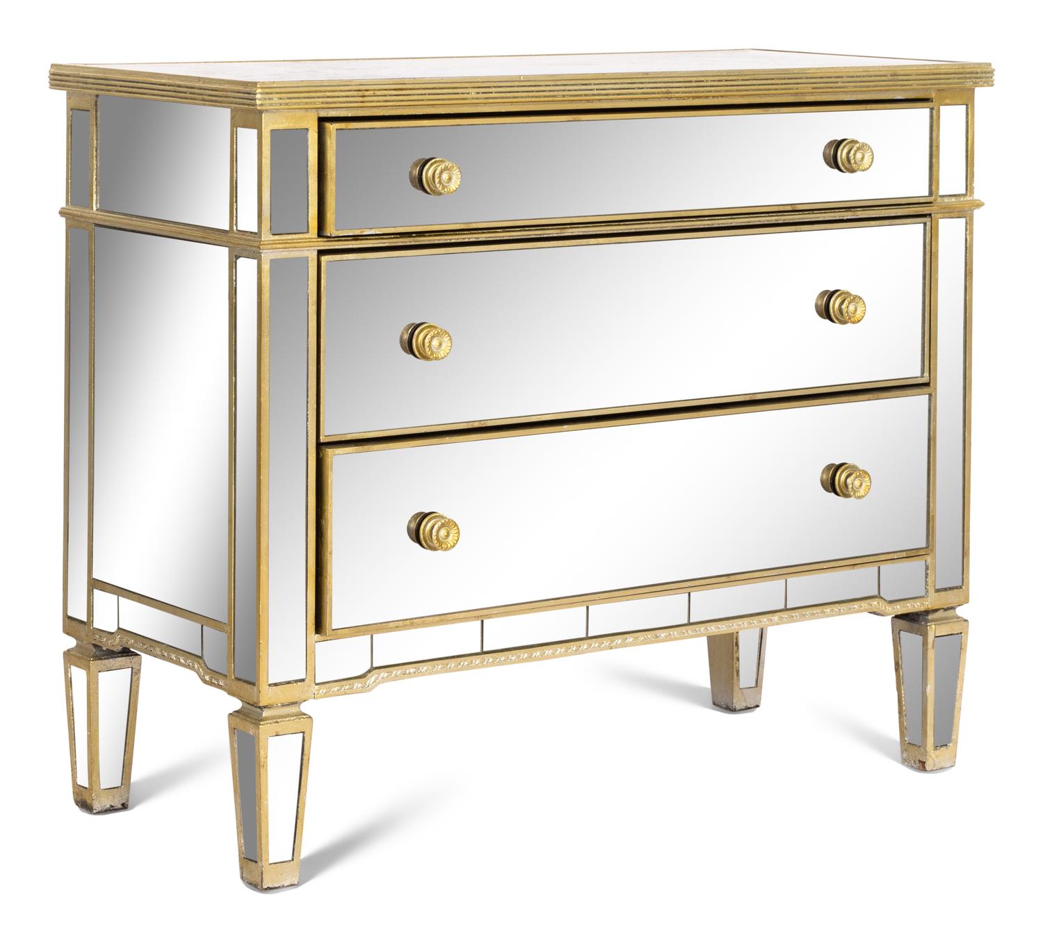 A Pair of Art Deco Style Mirror Veneered Commodes and a Pair of Coordinating Parclose Mirrors