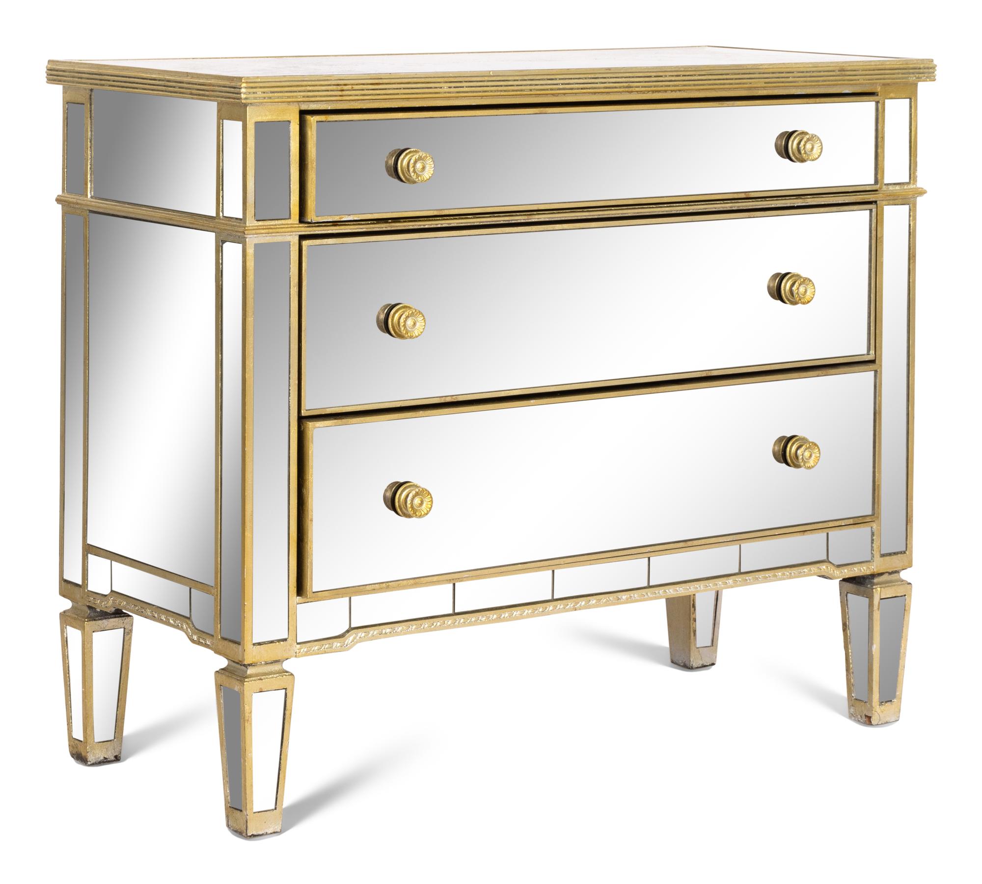 A Pair of Art Deco Style Mirror Veneered Commodes and a Pair of Coordinating Parclose Mirrors