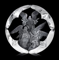 A Steuben Glass Rondel, Glass Design Donald Pollard, Engraving Design Charlotte-Linnea Hallett Height 9 1/4 x width 9 1/2 x depth 2 1/4