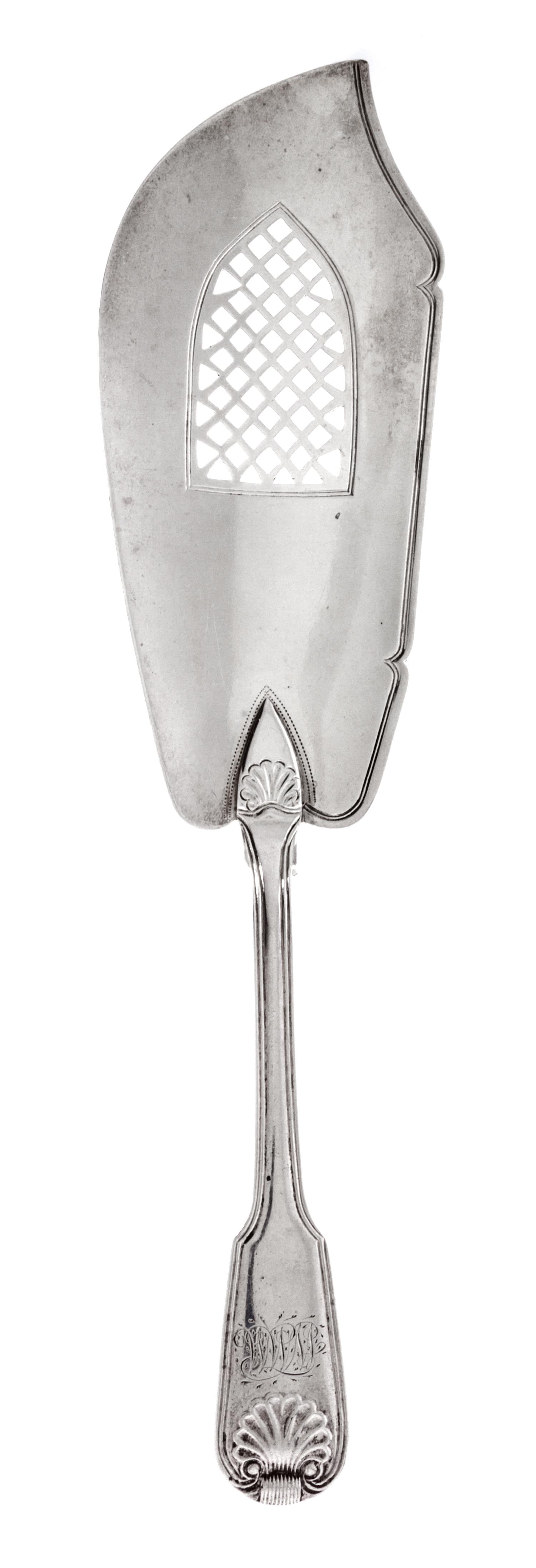 A George III Silver Fish Slice, Wallis & Hayne, London, 1814, Fiddle, Thread & Shell pattern, with a bright cut monogram.