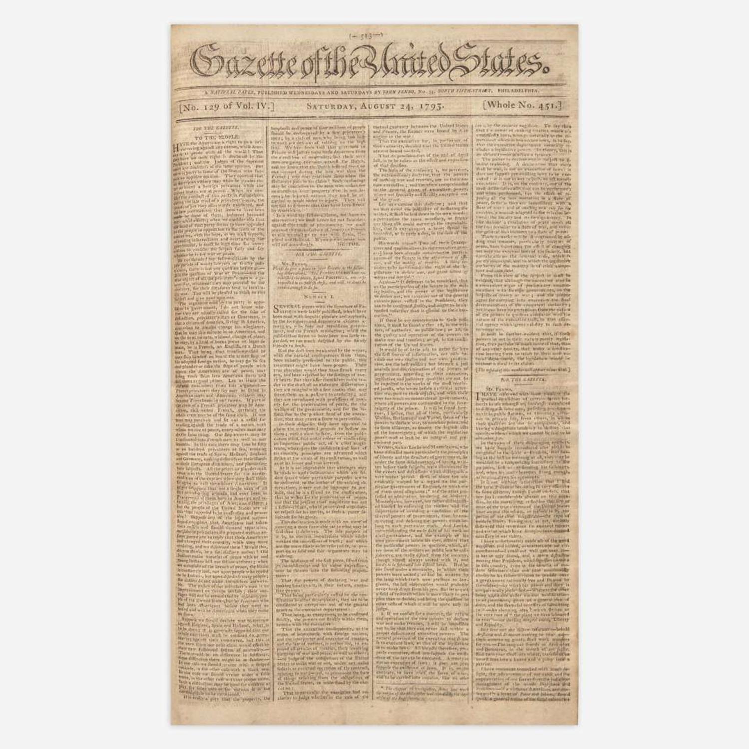 [Hamilton, Alexander, and Thomas Jefferson and George Washington, et al.] [Pacificus-Helvidius] 131 Issues of the Gazette of the United States