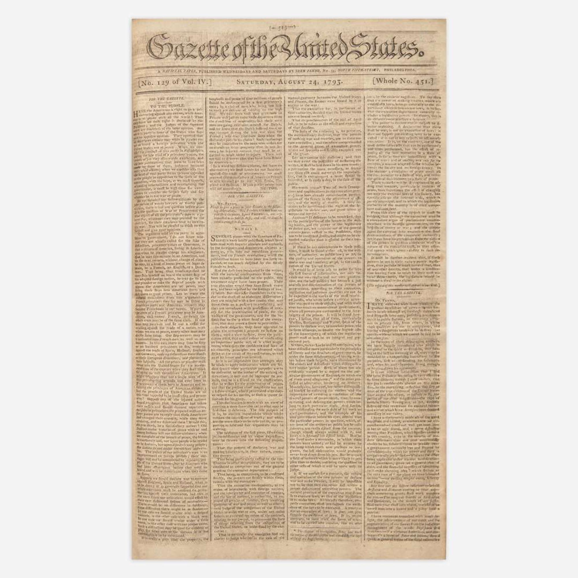 [Hamilton, Alexander, and Thomas Jefferson and George Washington, et al.] [Pacificus-Helvidius] 131 Issues of the Gazette of the United States