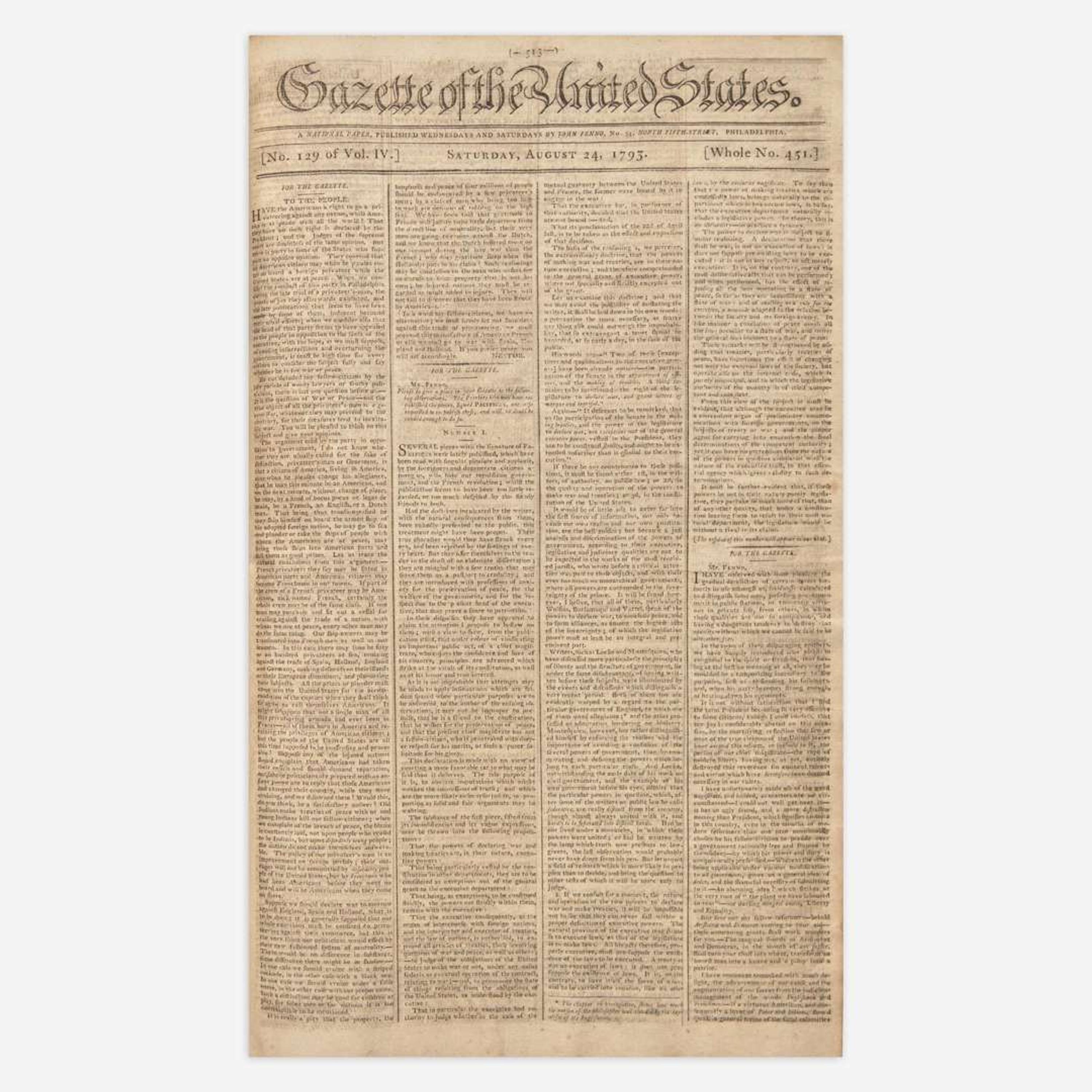 [Hamilton, Alexander, and Thomas Jefferson and George Washington, et al.] [Pacificus-Helvidius] 131 Issues of the Gazette of the United States