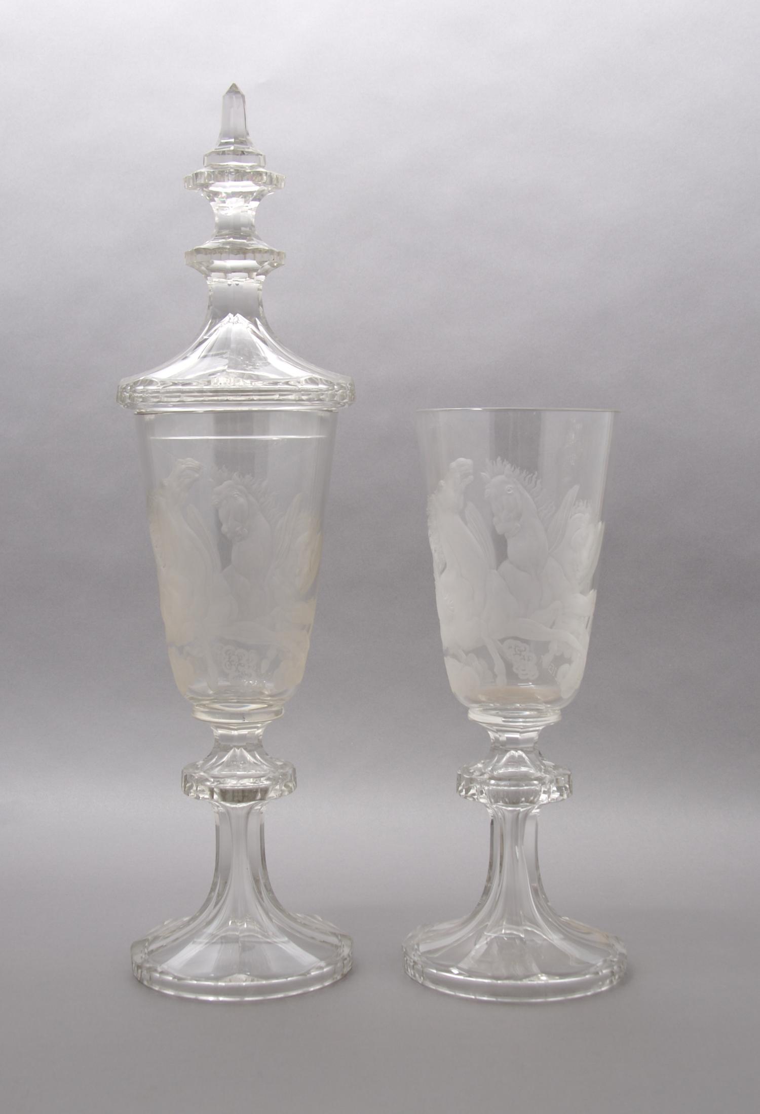 A Pair of Engraved Glass Pokals, Height overall 21 3/8 inches.