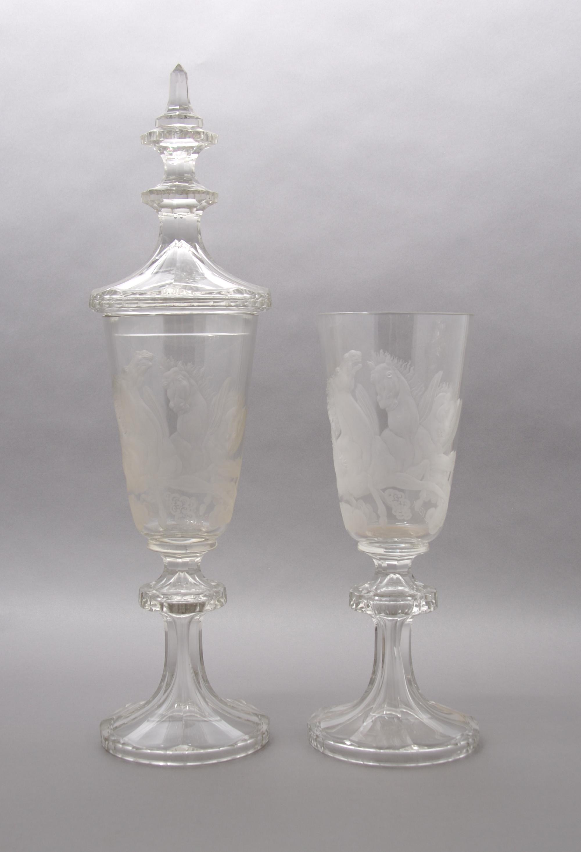 A Pair of Engraved Glass Pokals, Height overall 21 3/8 inches.