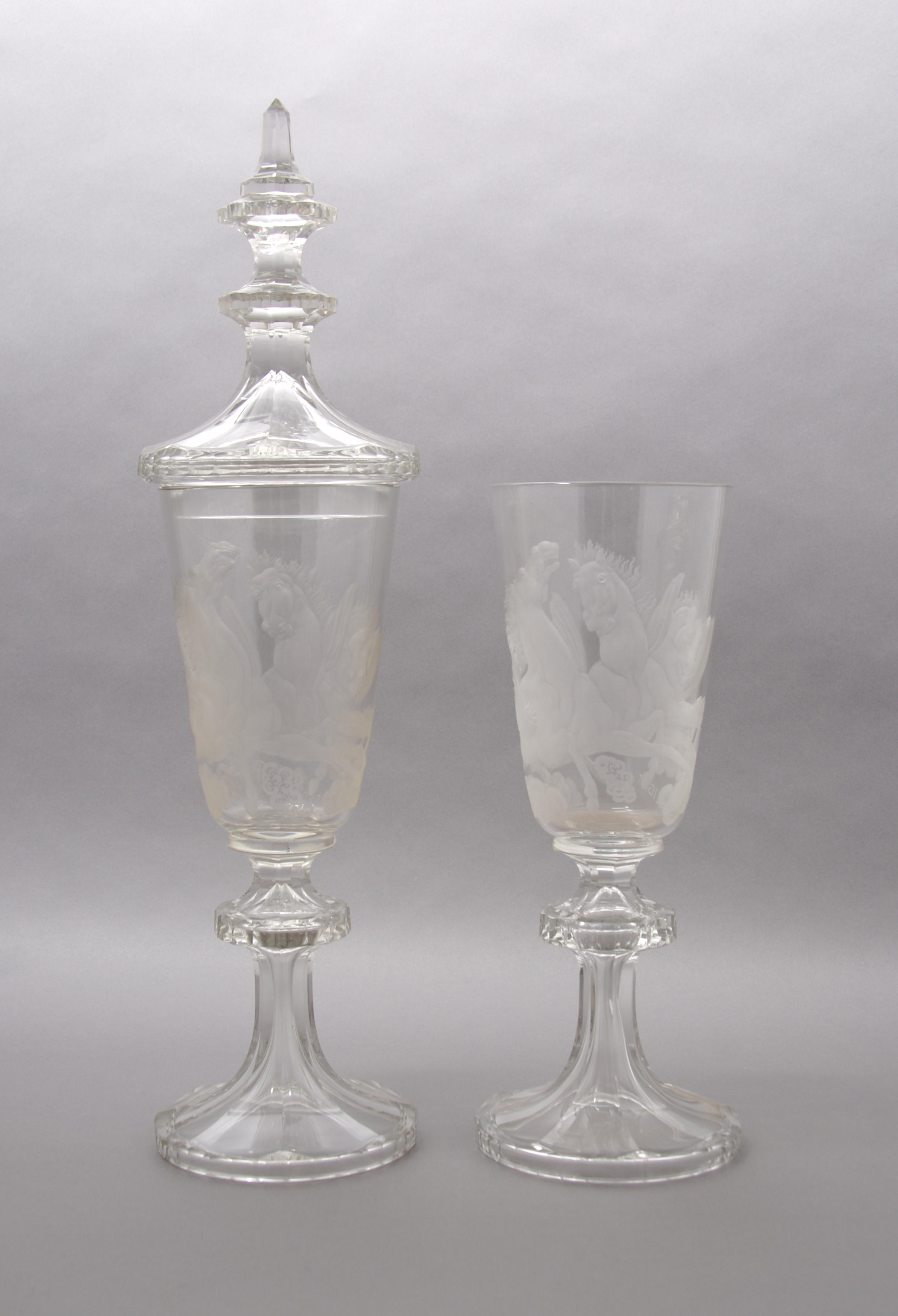 A Pair of Engraved Glass Pokals, Height overall 21 3/8 inches.