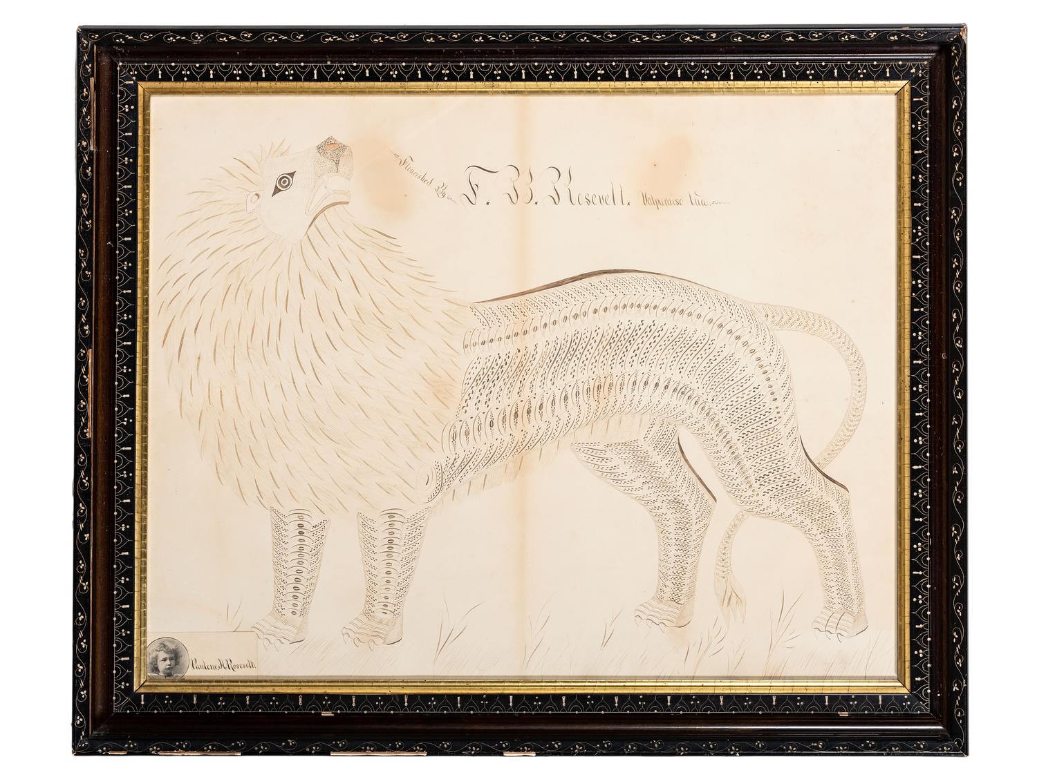 A Calligraphy Penmanship Picture of a Lion by Frank B. Rosevelt (American, 1862-1945)