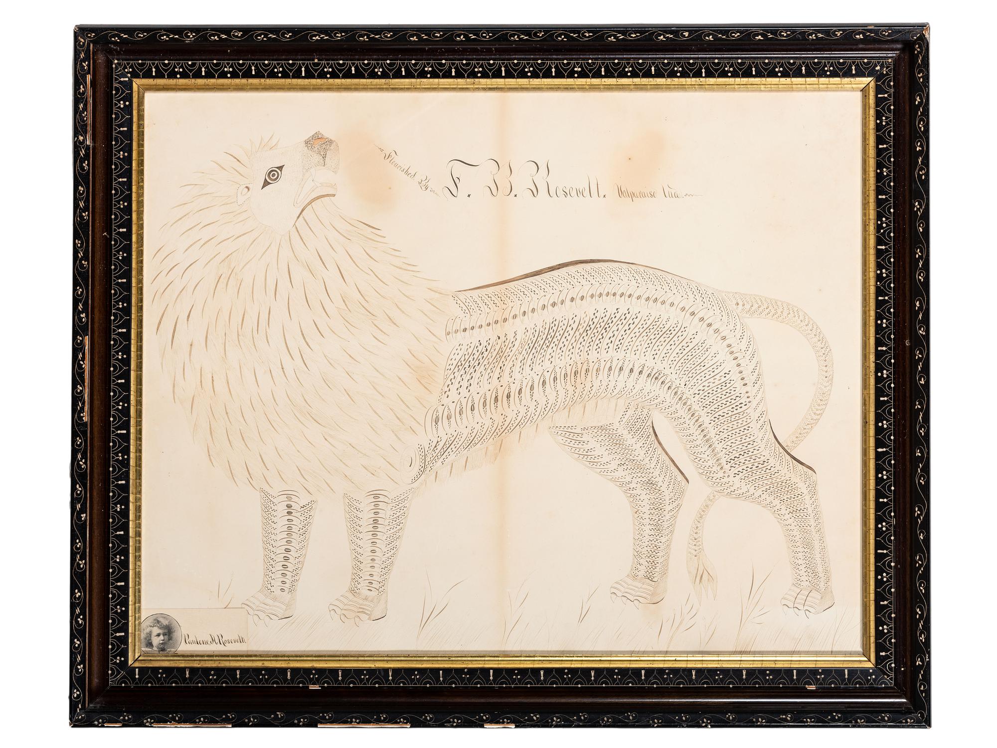 A Calligraphy Penmanship Picture of a Lion by Frank B. Rosevelt (American, 1862-1945)