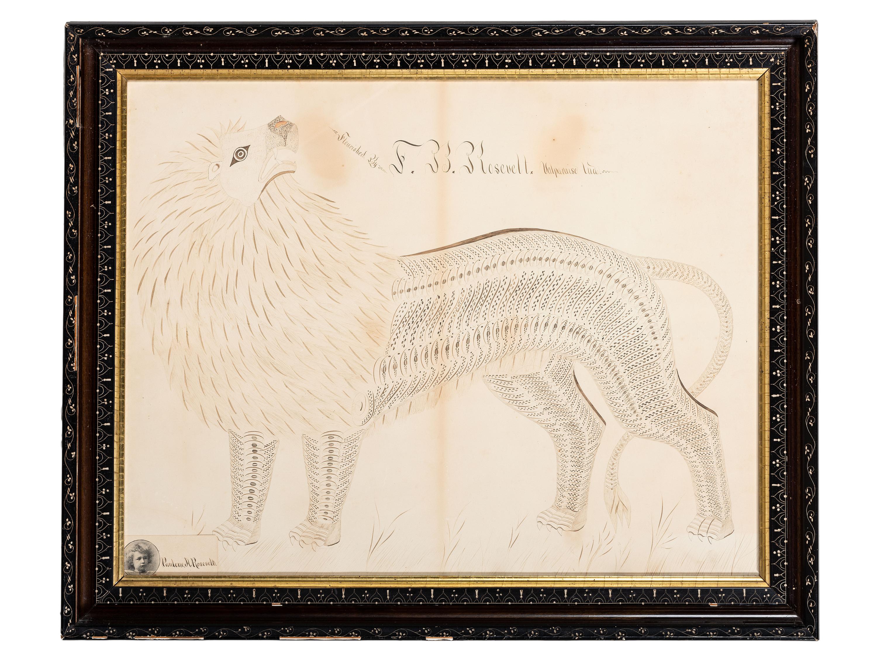 A Calligraphy Penmanship Picture of a Lion by Frank B. Rosevelt (American, 1862-1945)