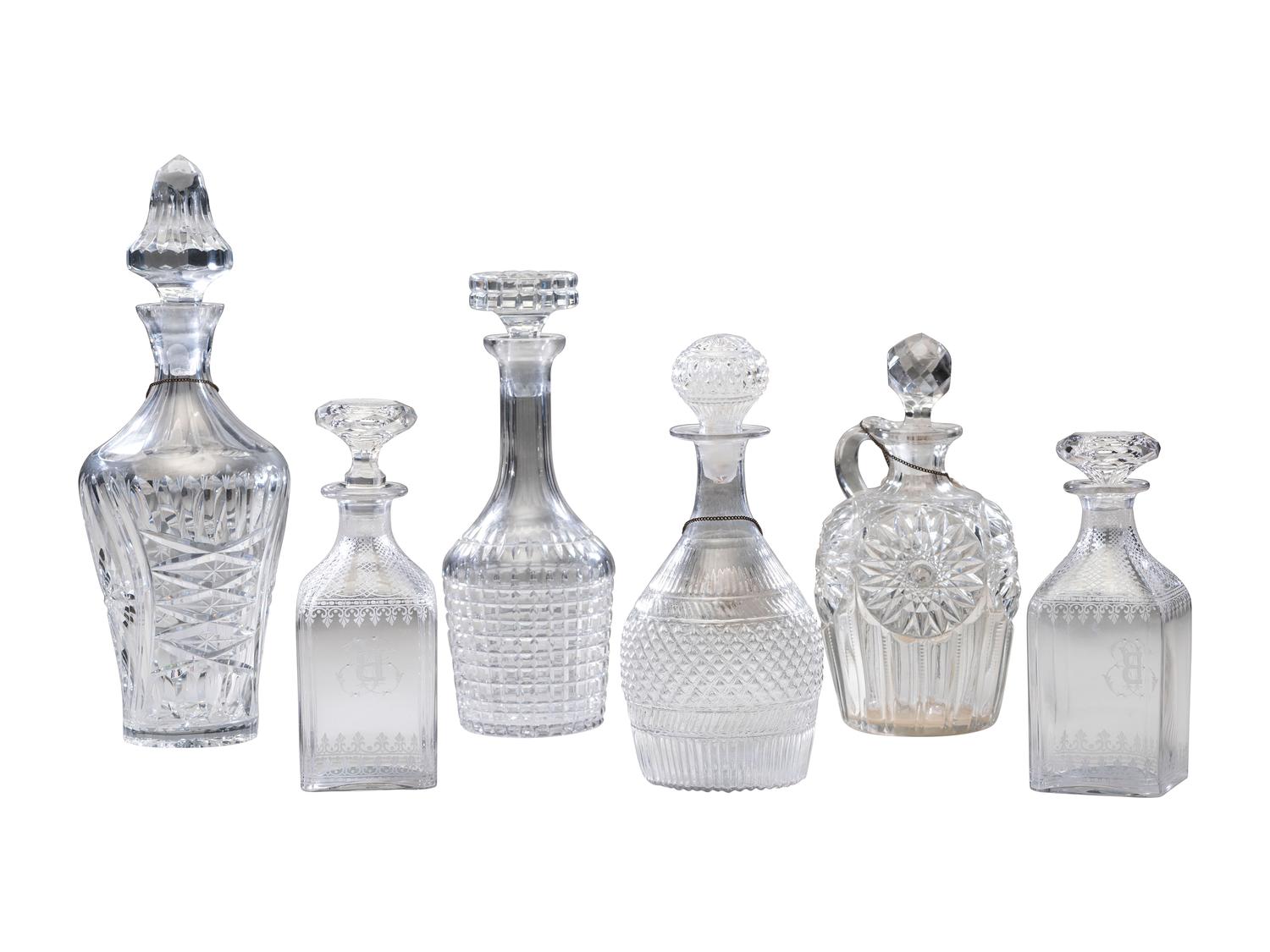 Six Cut and Etched Glass Decanters