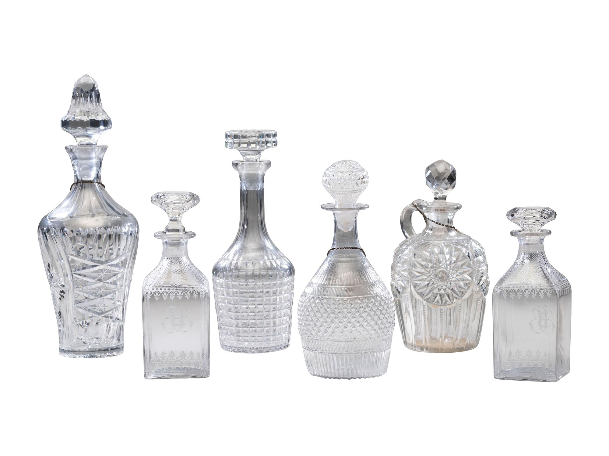 Six Cut and Etched Glass Decanters