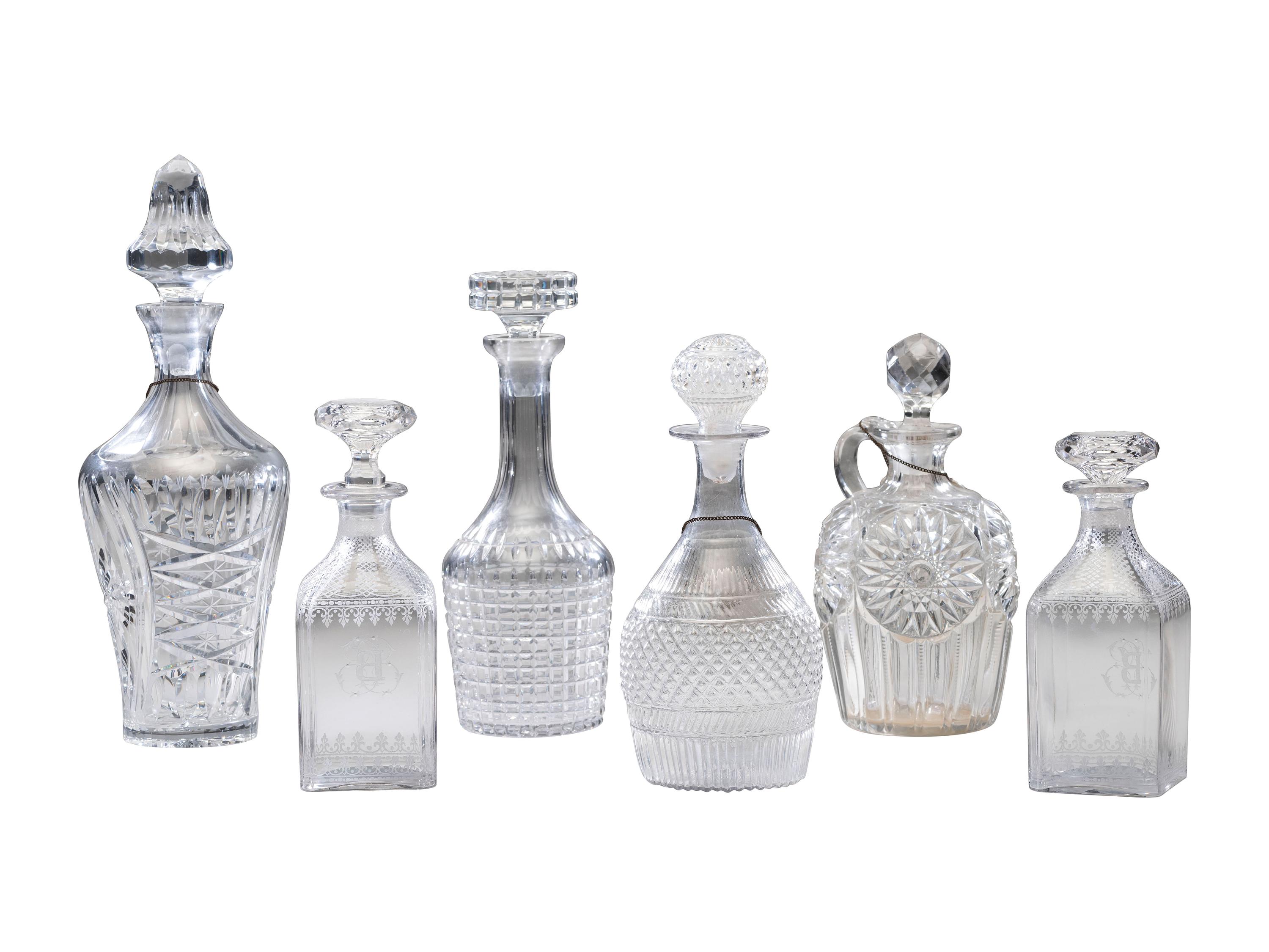 Six Cut and Etched Glass Decanters