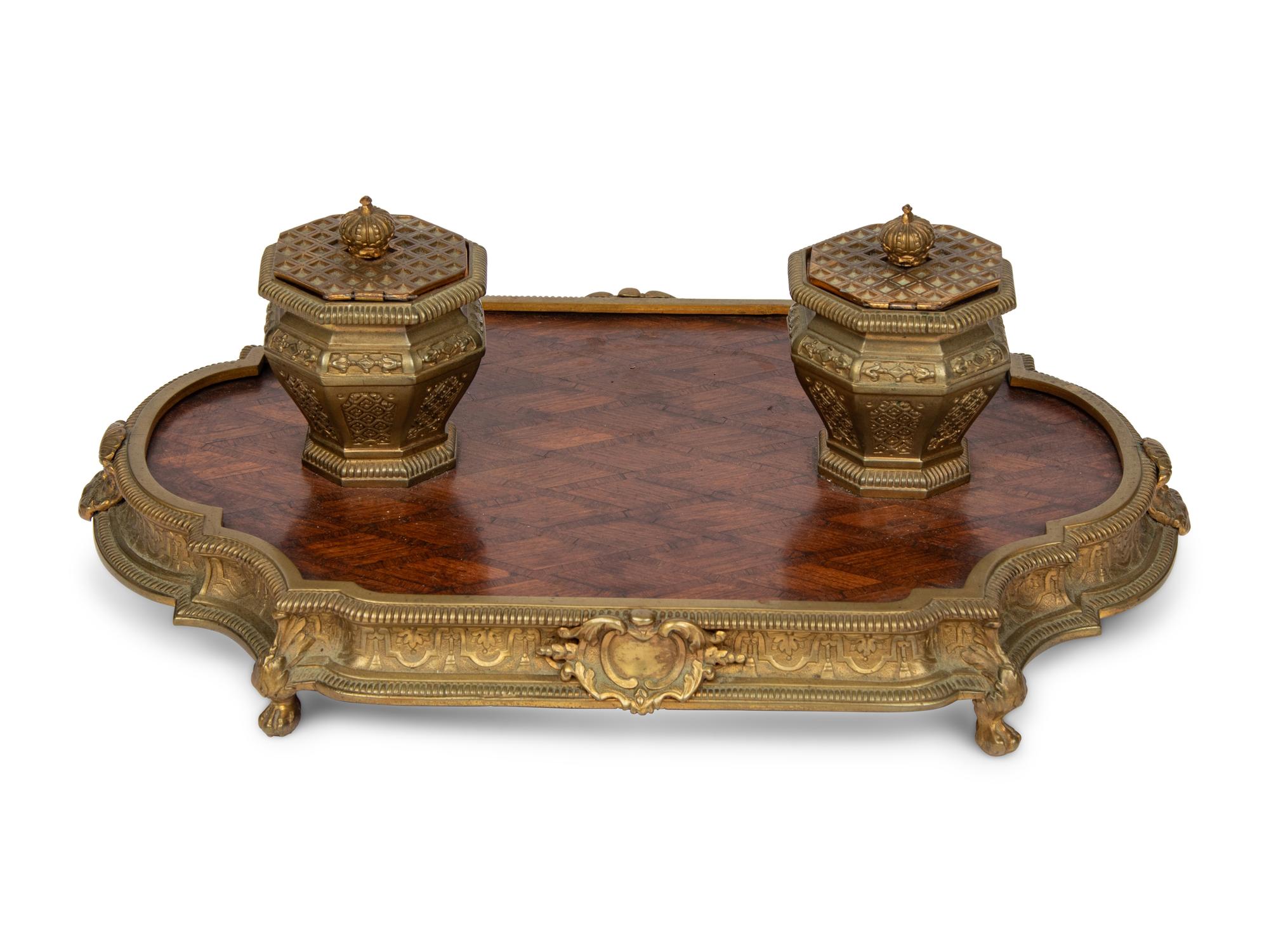 A Gilt Bronze and Parquetry Inlaid Inkwell