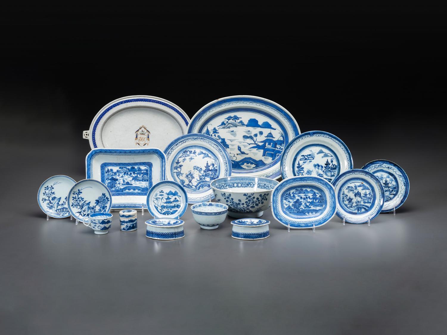 Sixteen Chinese Export Blue and White Porcelain Table Articles