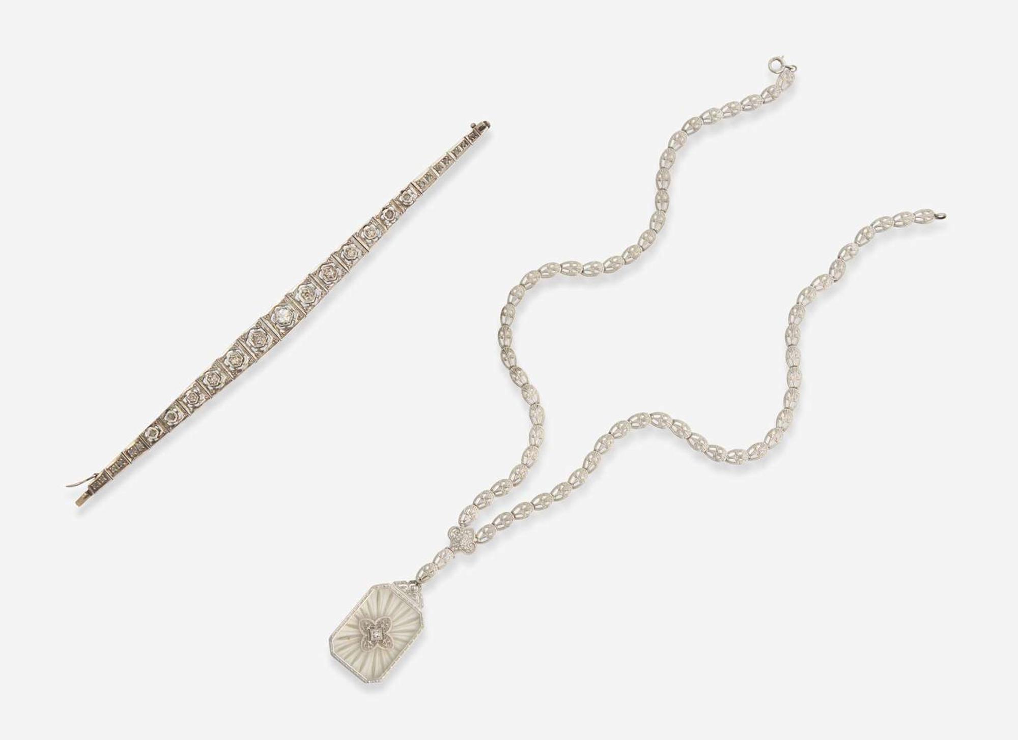 An Art Deco Camphor Glass Necklace and Diamond Bracelet