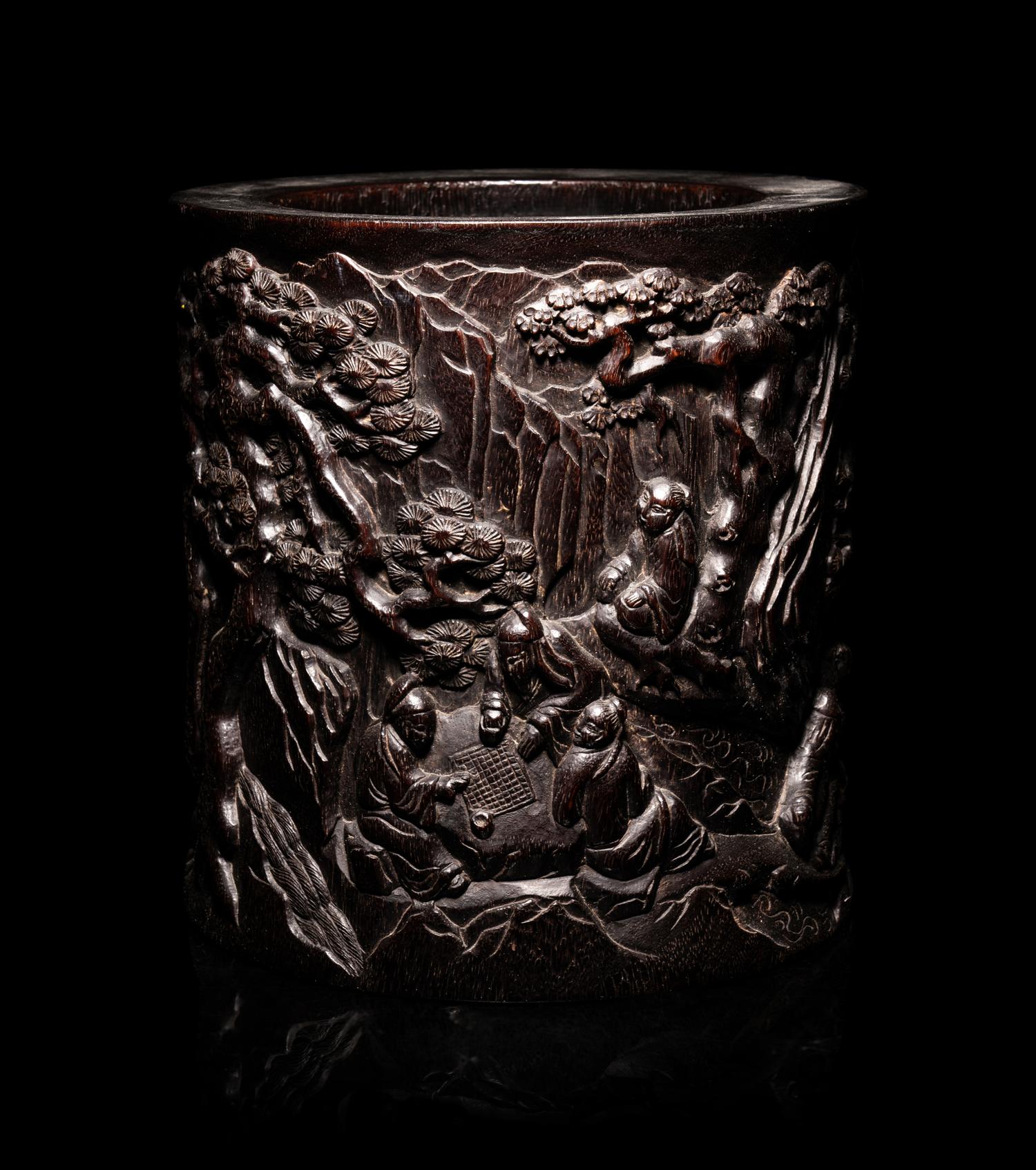A Large Chinese Carved Hardwood Brushpot, Bitong