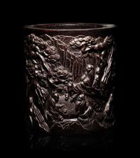 A Large Chinese Carved Hardwood Brushpot, Bitong