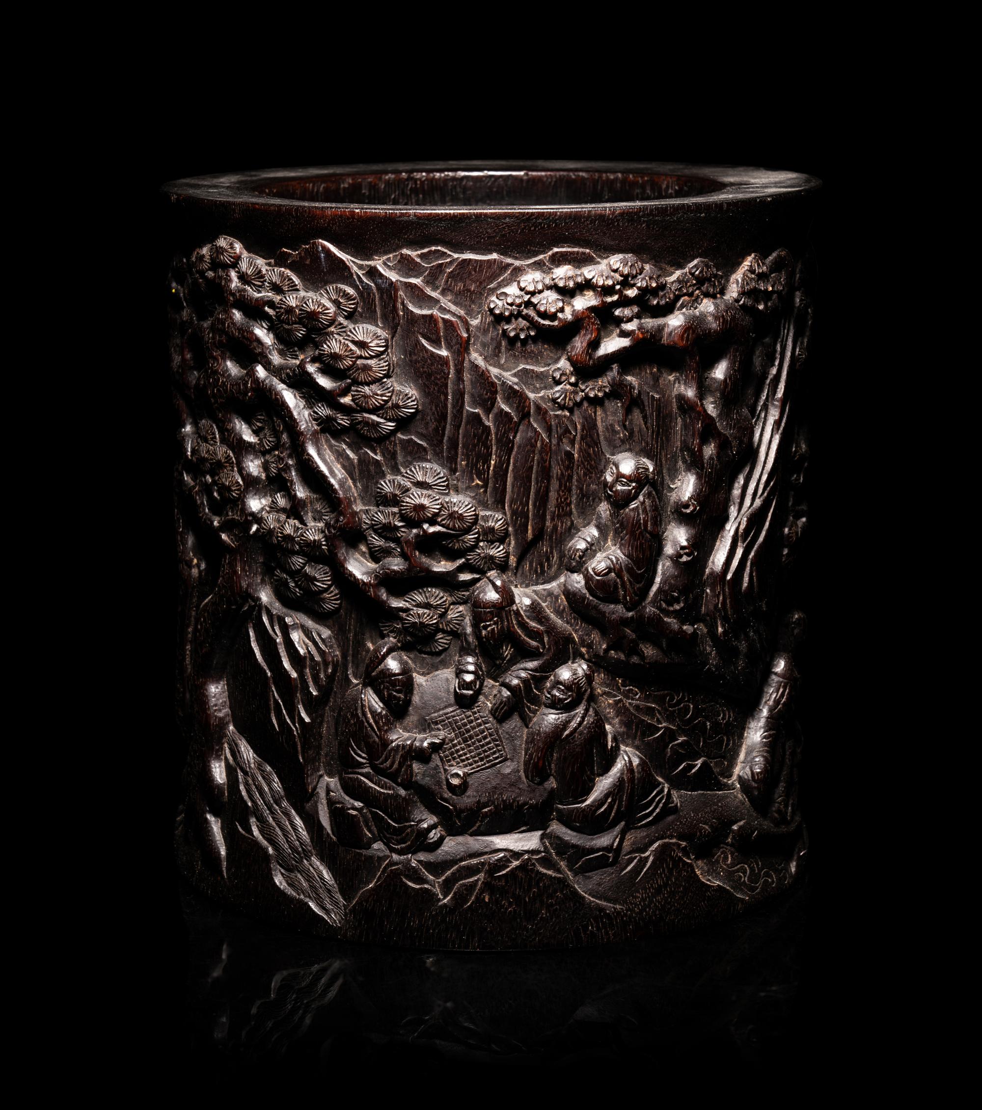 A Large Chinese Carved Hardwood Brushpot, Bitong