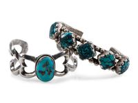 Pair of Navajo Silver and Turquoise Cuff Bracelets