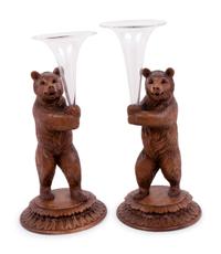 A Pair of Black Forest Style Carved Wood Bear-Form Trumpet Vases