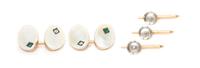 A Gold, Platinum, Mother-of-Pearl, Seed Pearl, Emerald and Diamond Partial Dress Set, 8.10 dwts.