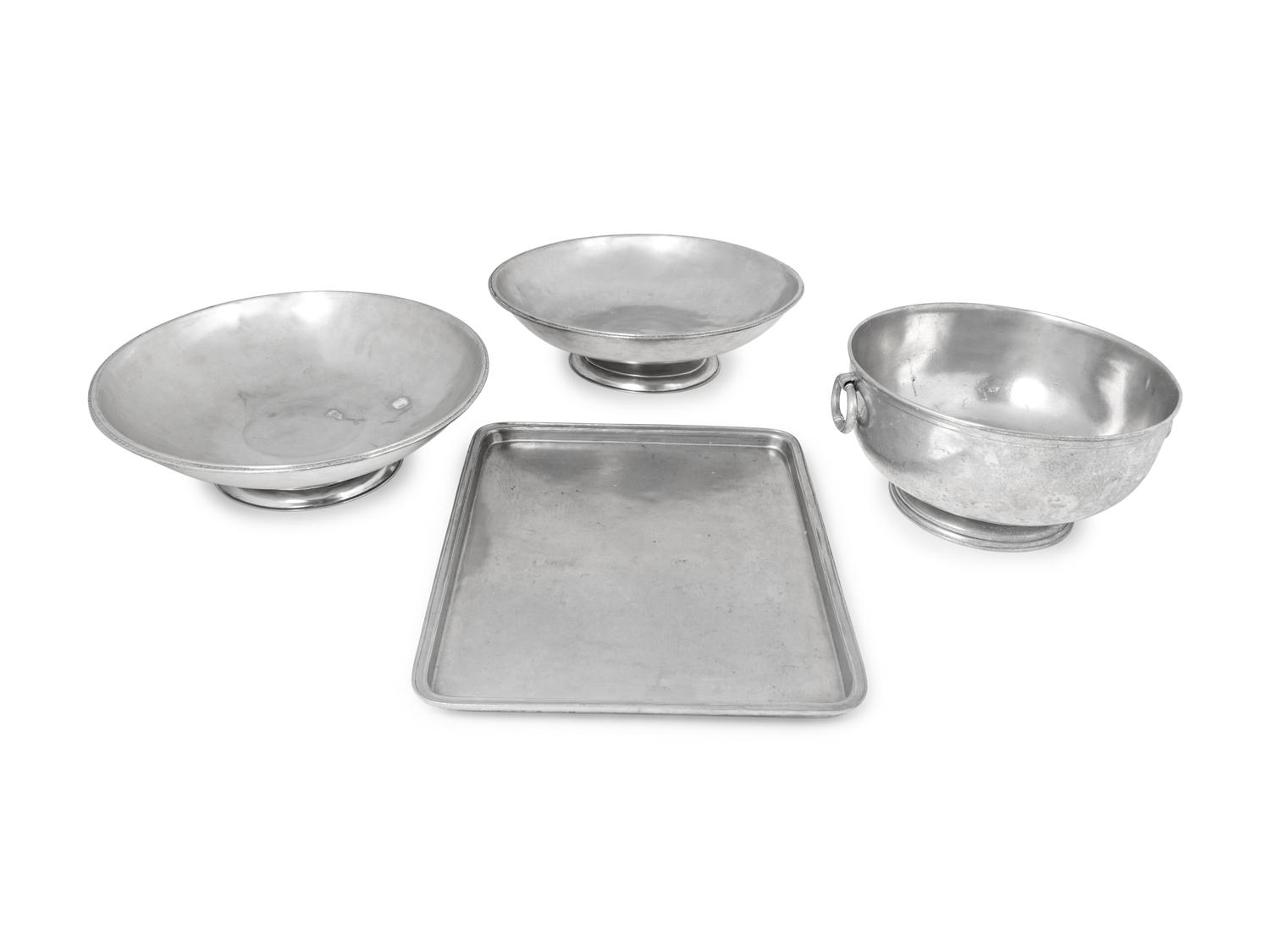 A French Pewter Two-Handled Bowl, a Tray and a Pair of French Pewter Footed Bowls — 19TH CENTURY