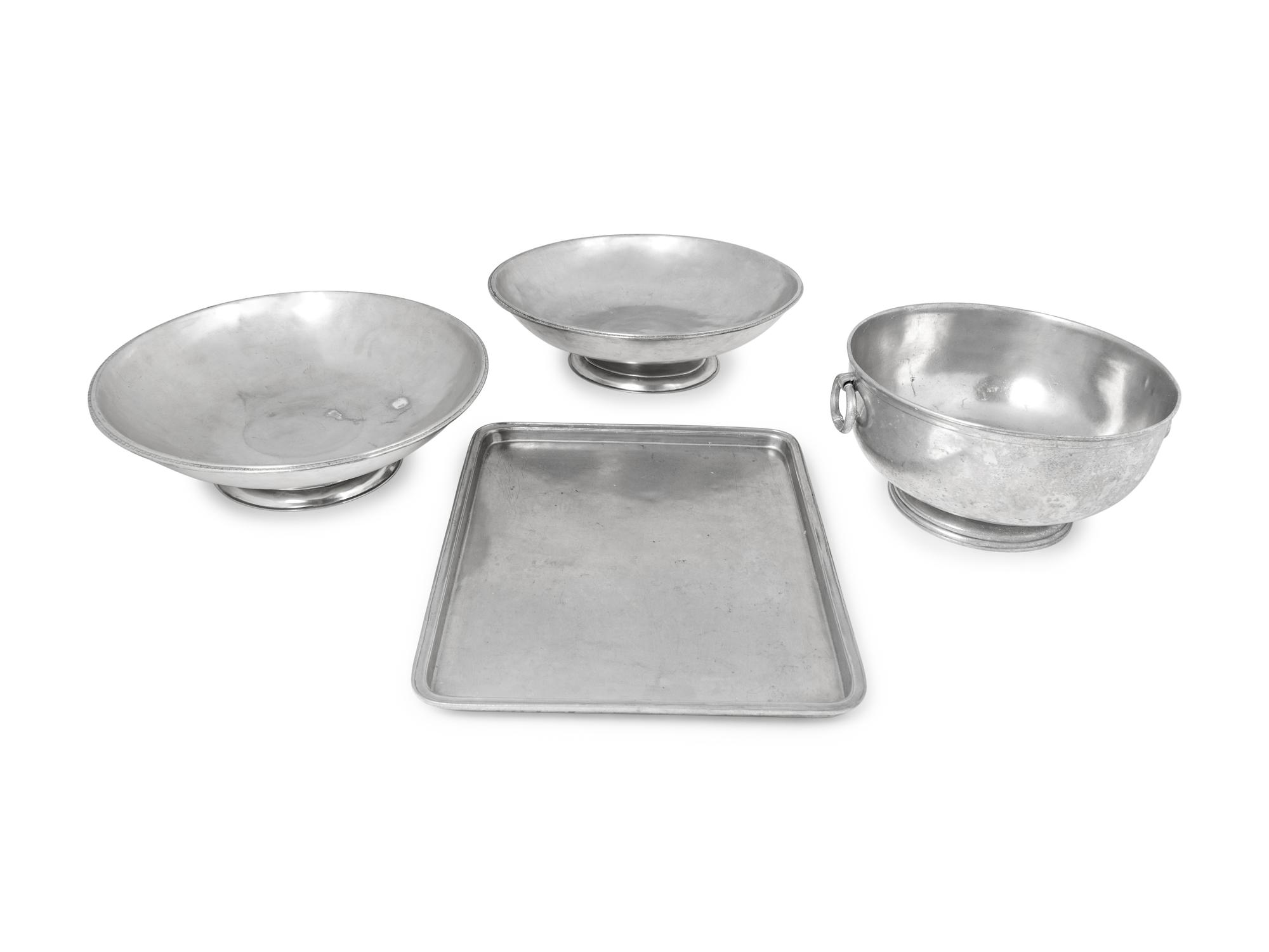 A French Pewter Two-Handled Bowl, a Tray and a Pair of French Pewter Footed Bowls — 19TH CENTURY
