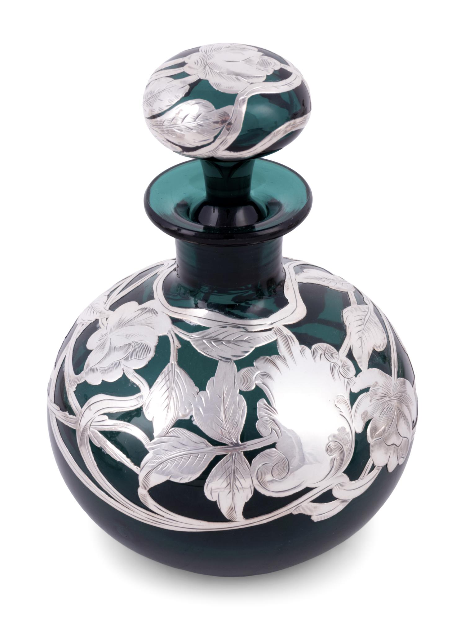 Nine Silver Overlay Glass Scent Bottles and Cruets