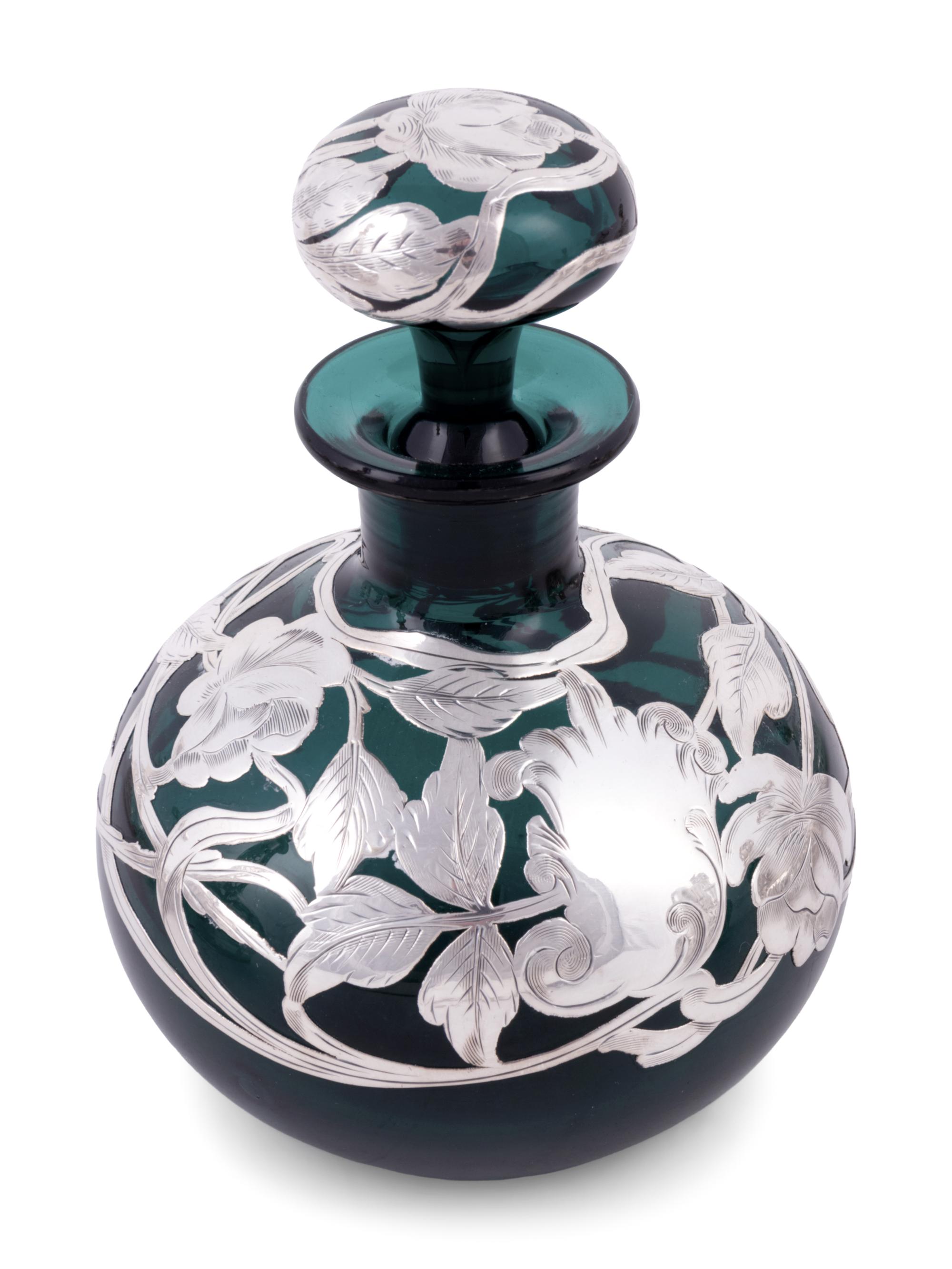 Nine Silver Overlay Glass Scent Bottles and Cruets
