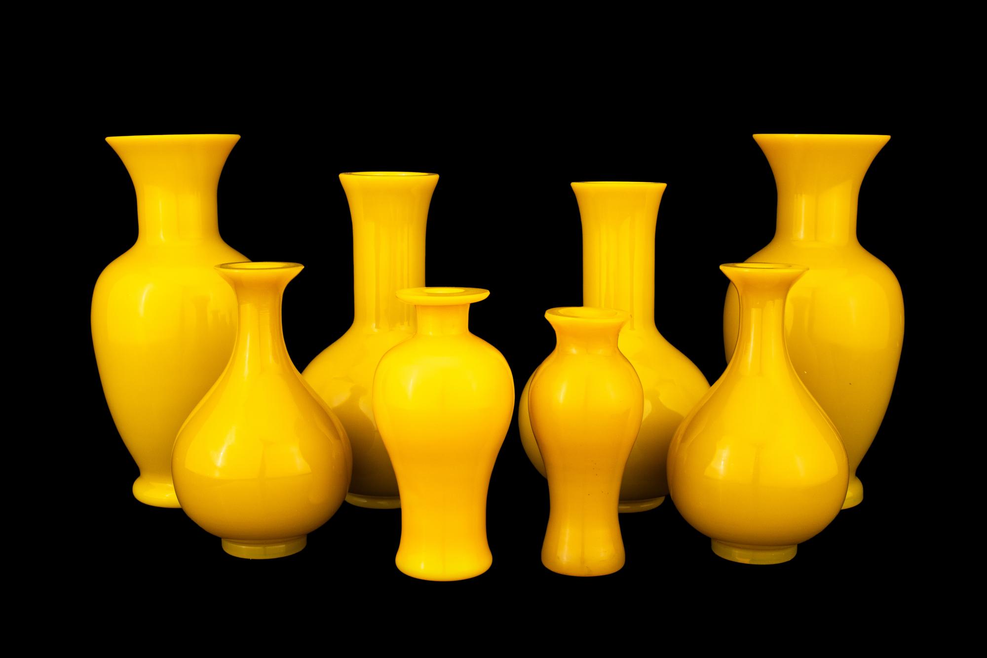 Eight Yellow Peking Glass Vases