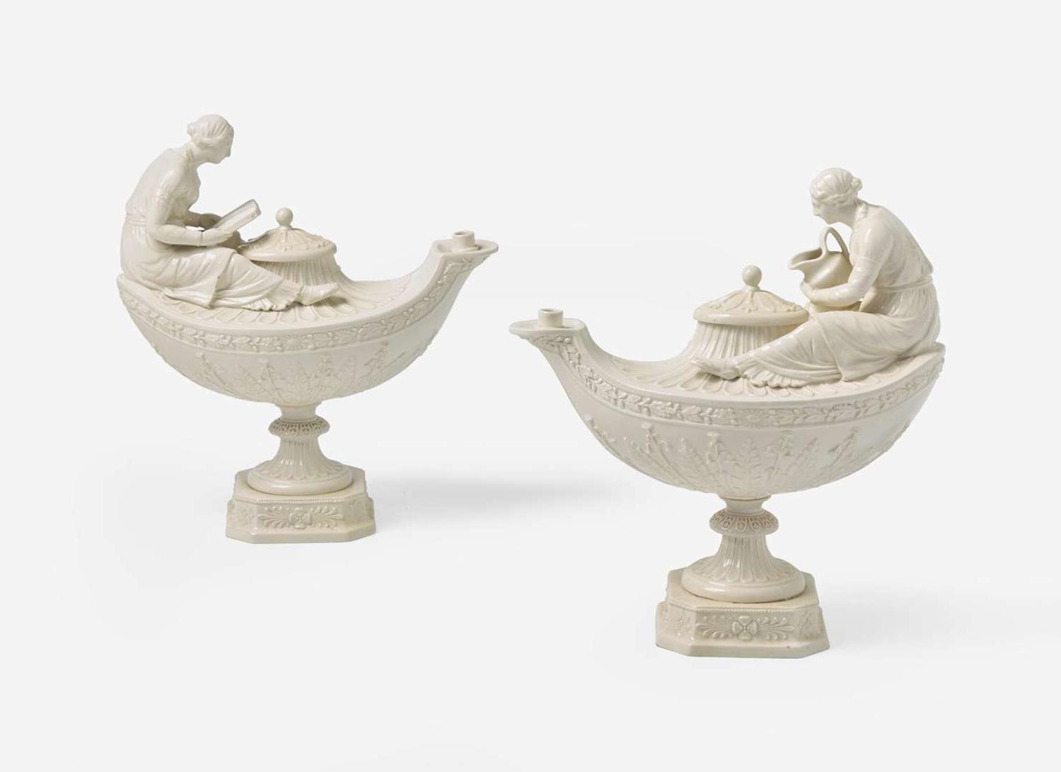 A Pair of Wedgwood Gilded Queensware Vestal Lamps, UK, 19th century