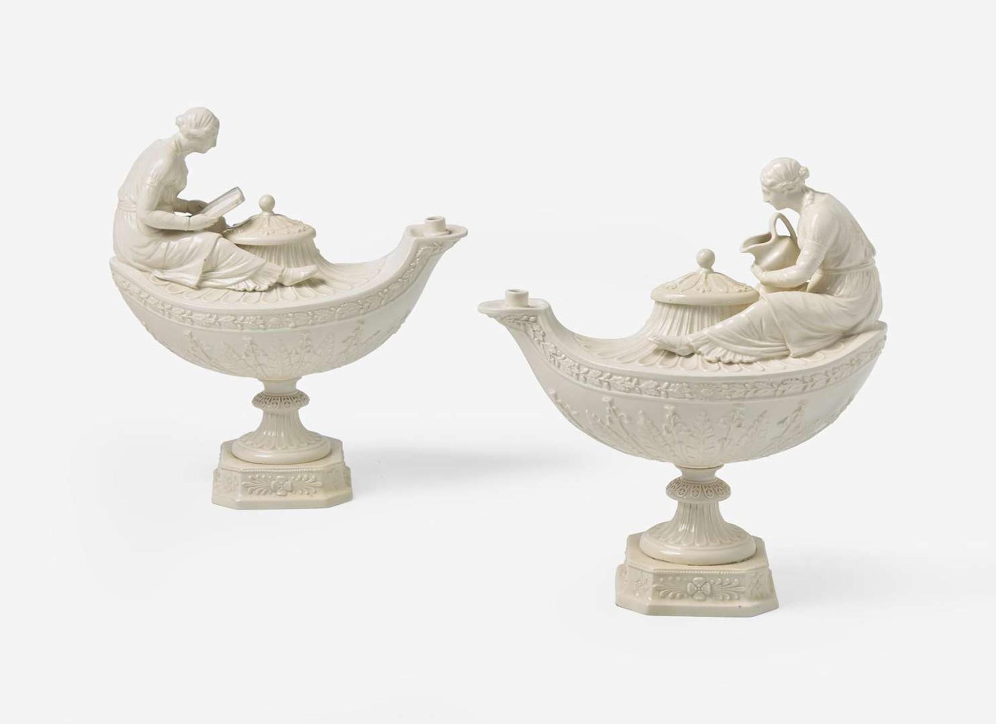 A Pair of Wedgwood Gilded Queensware Vestal Lamps, UK, 19th century