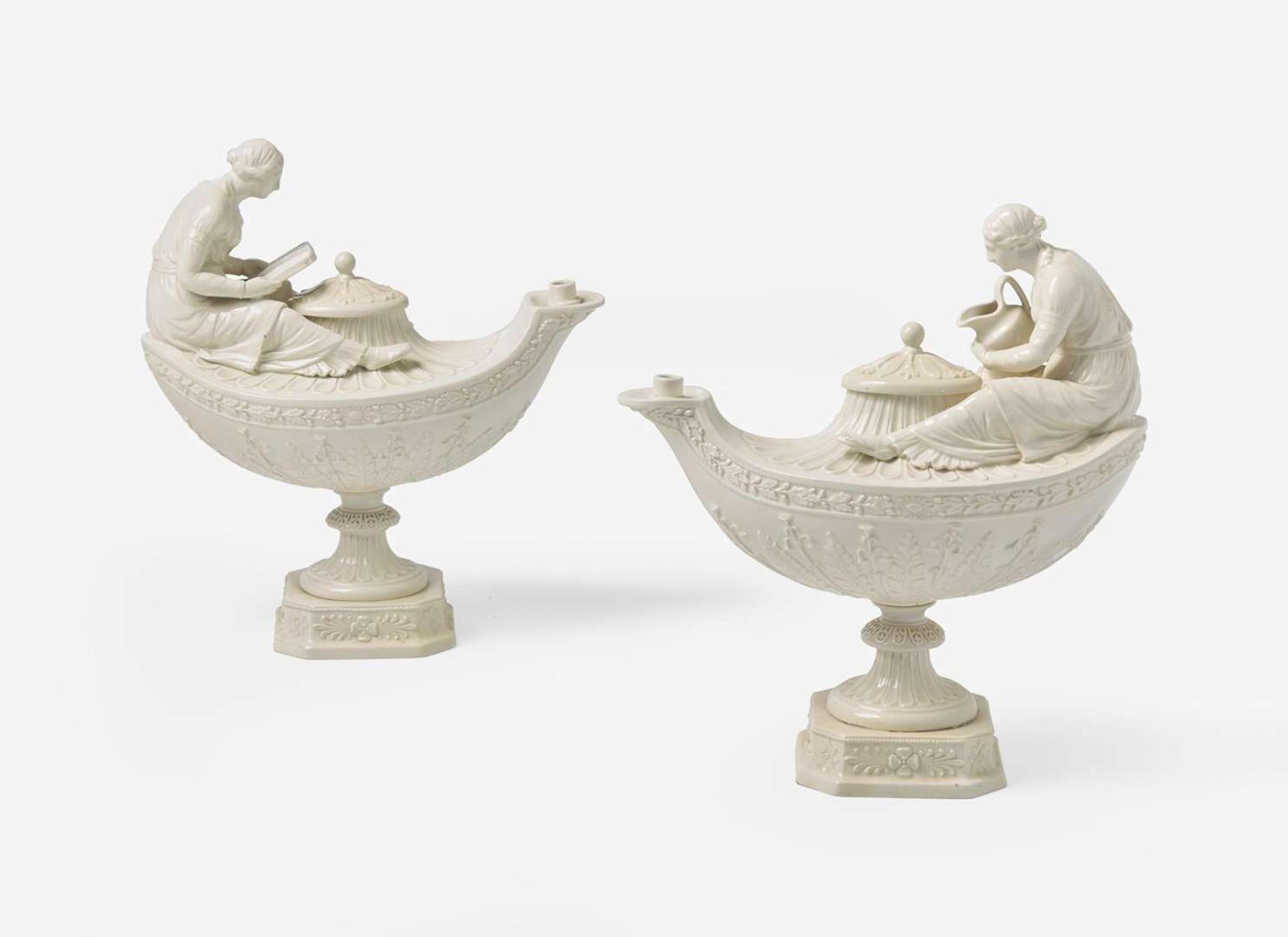 A Pair of Wedgwood Gilded Queensware Vestal Lamps, UK, 19th century