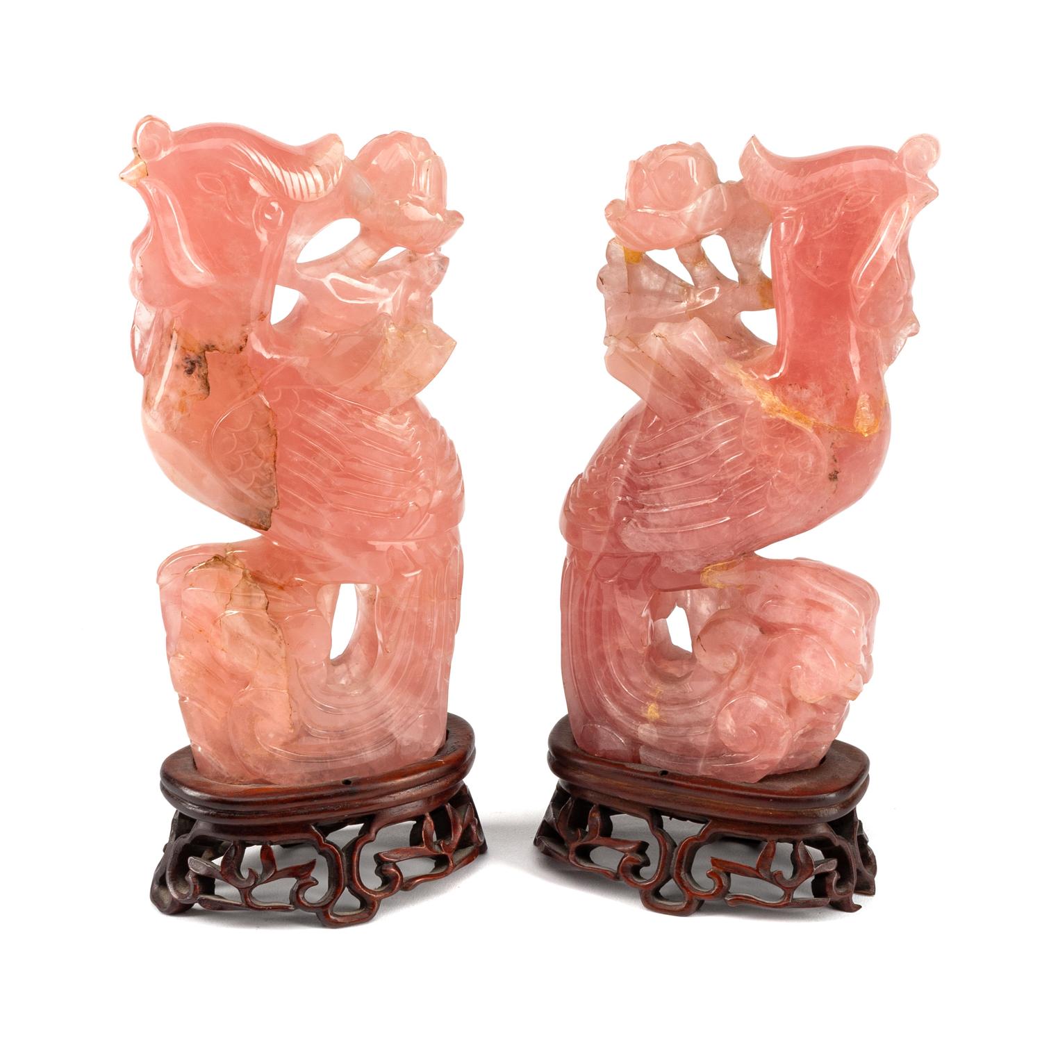 A Pair of Chinese Carved Rose Quartz Birds