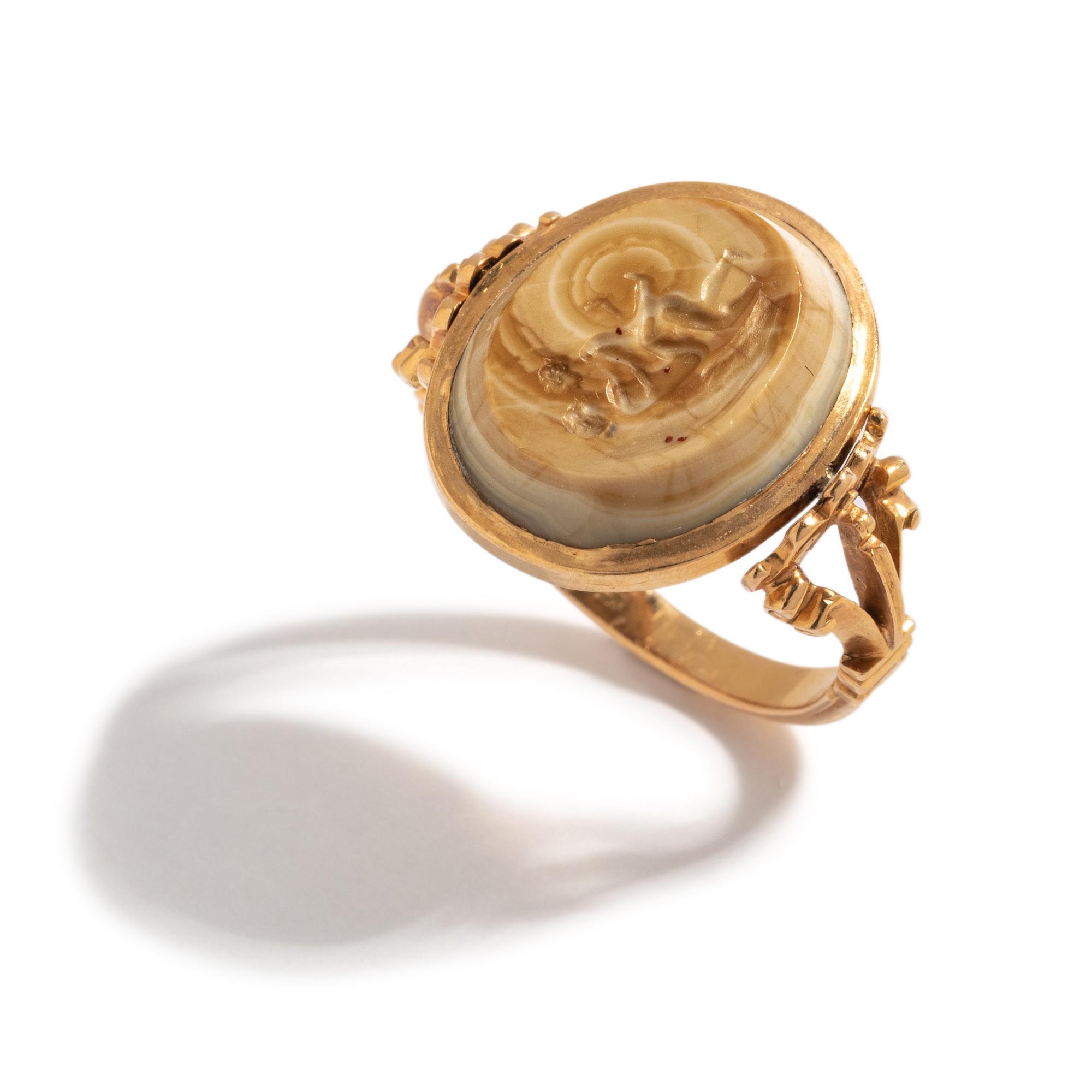 A Neoclassical Gold and Banded Agate Swivel Ring with a Double Portrait and an Erotic Scene