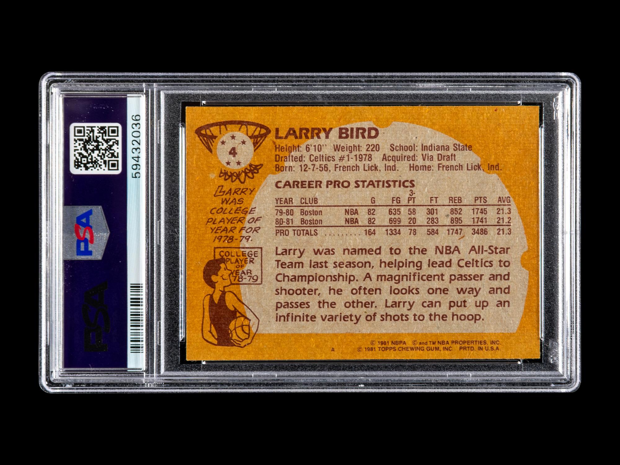 A 1981 Topps Larry Bird Basketball Card No. 4. (PSA 8 NM-MT)
