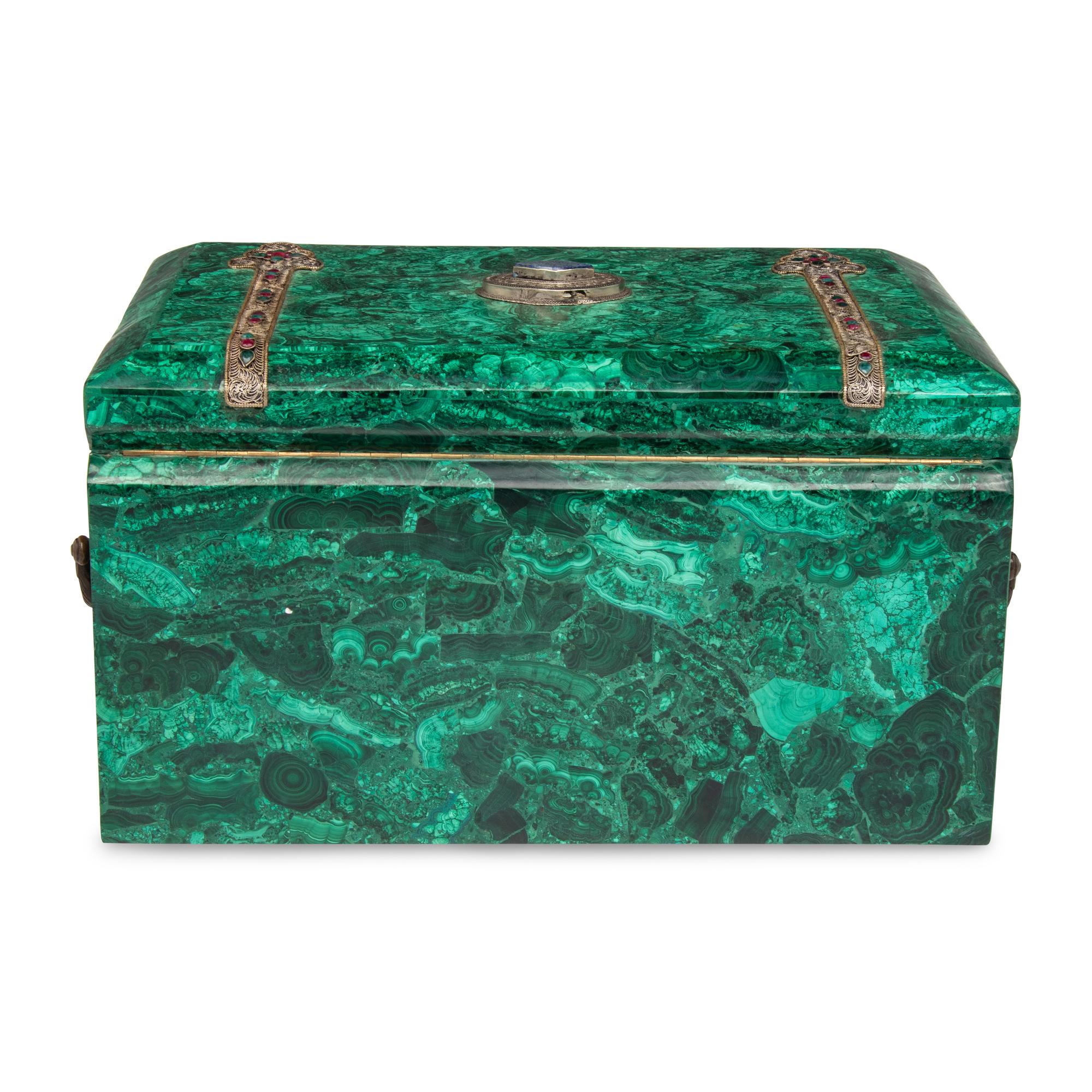 A Large Filigree, Ruby and Emerald-Mounted Malachite Box